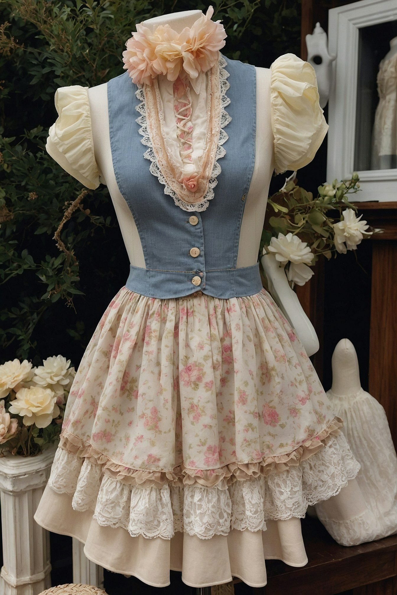 Denim bodice with floral skirt and lace trim