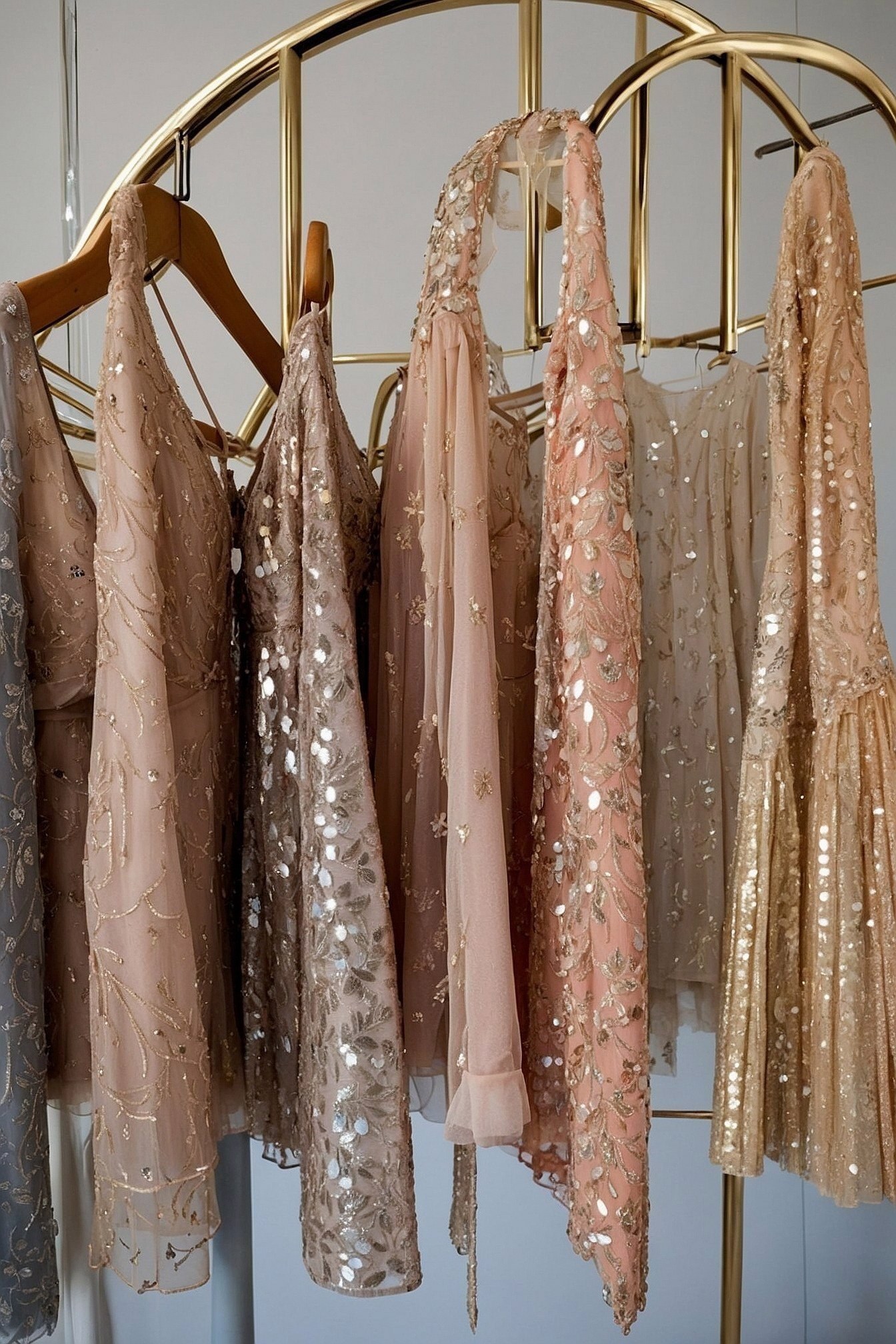 Beaded Dresses Hanging on a Gold Rack