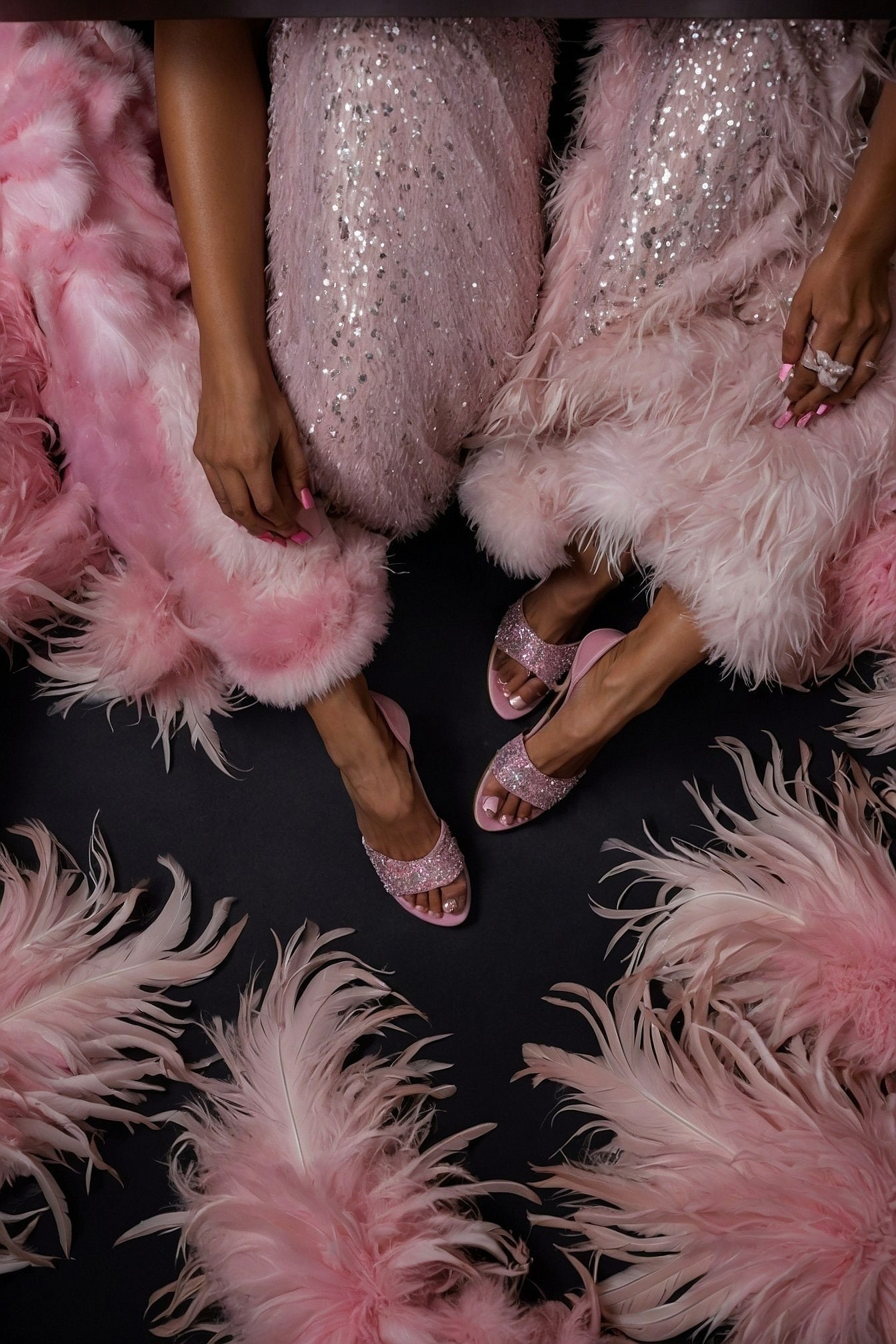 Downy pink feathers and dazzling sequins