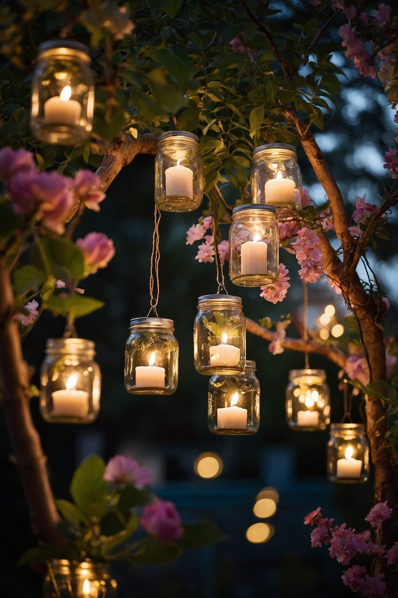 Mason Jar Lanterns Aglow Among Branches