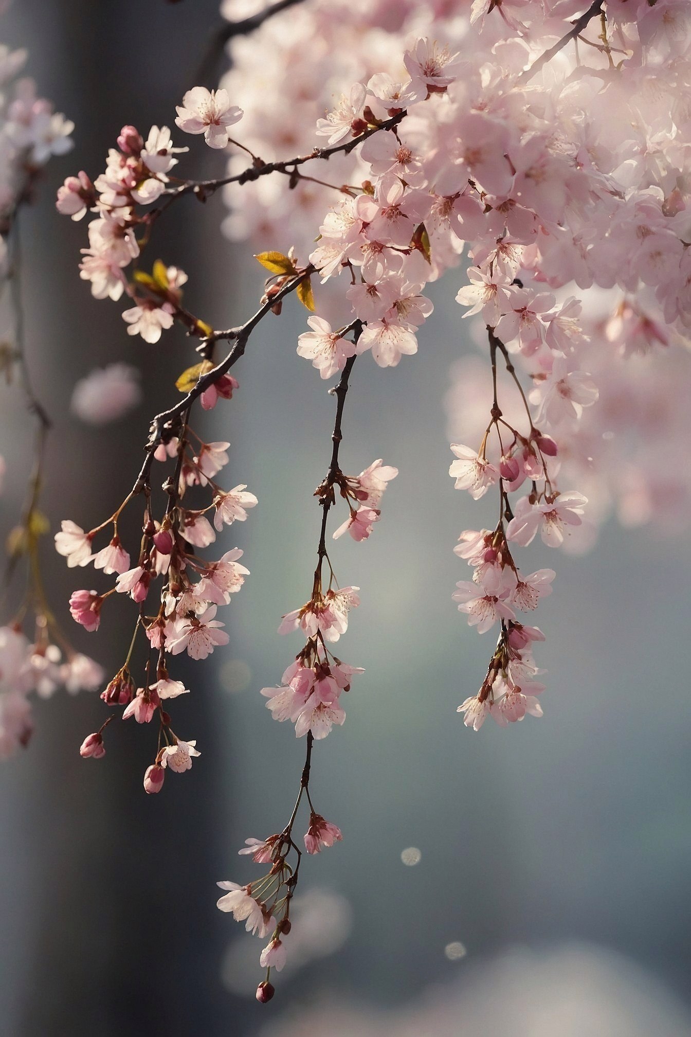 Soft pink blossoms gently cascade downward