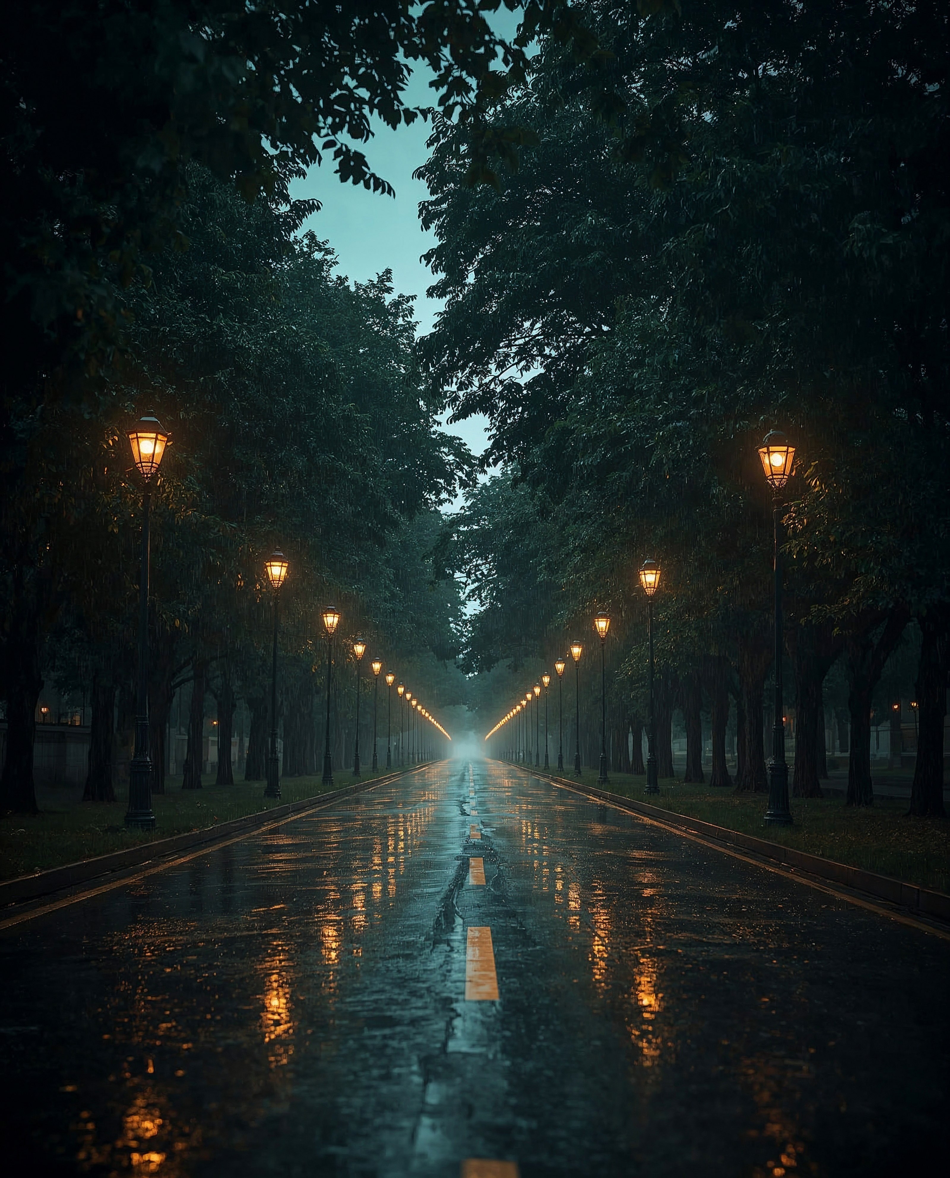 Streetlights Reflecting on a Wet Paved Road