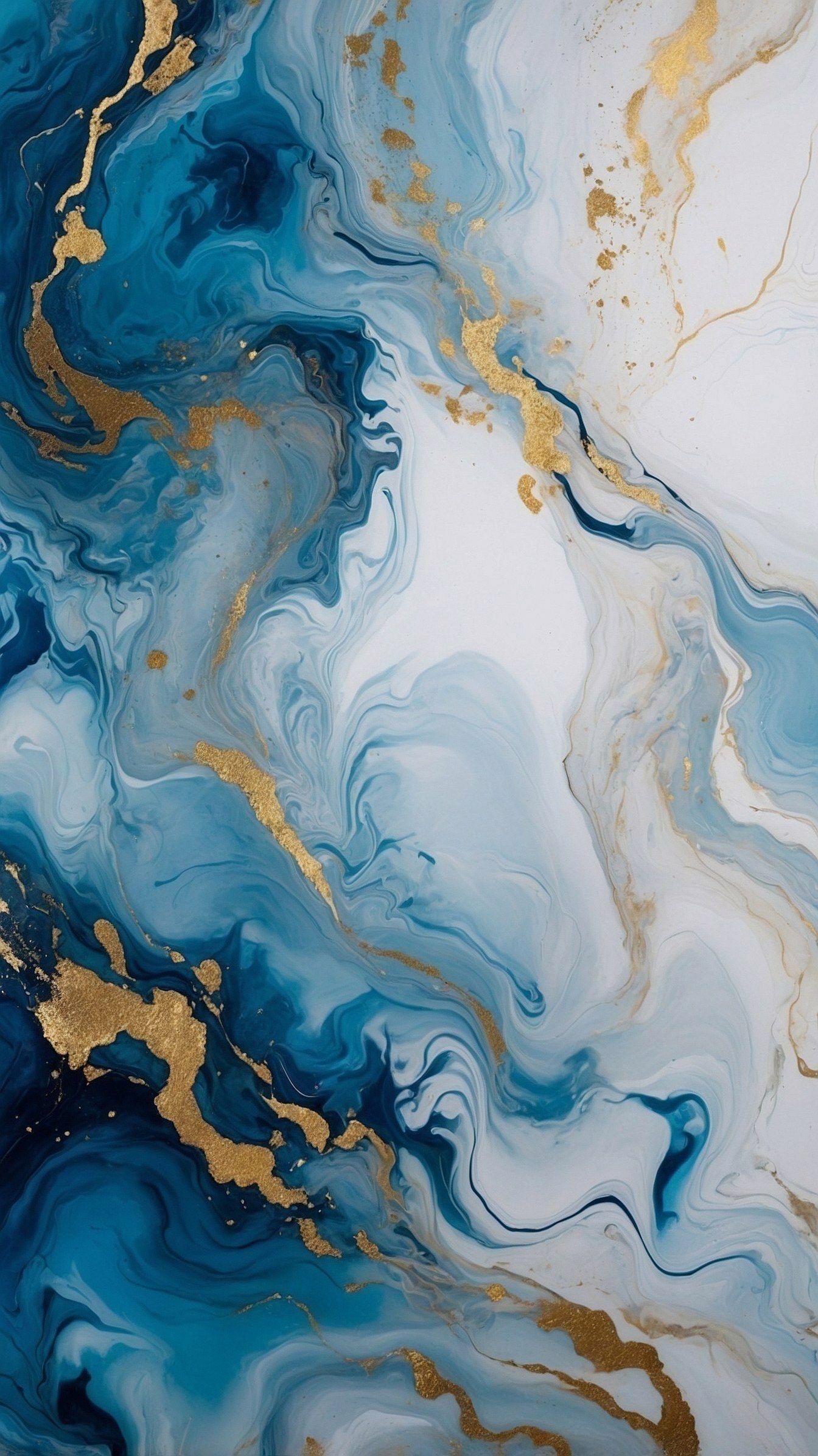 Blue and Gold Swirls on White Canvas
