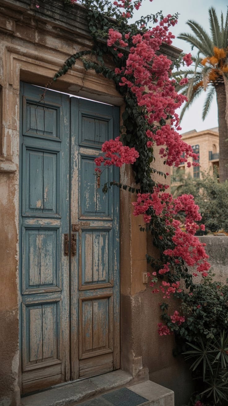 Weathered blue door framed by bougainvillea