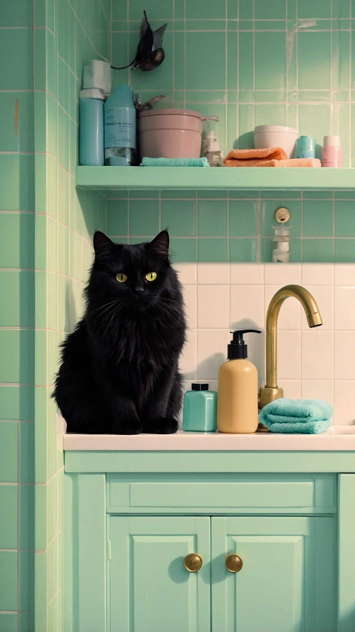 Soft pastel tiles and a fluffy black cat