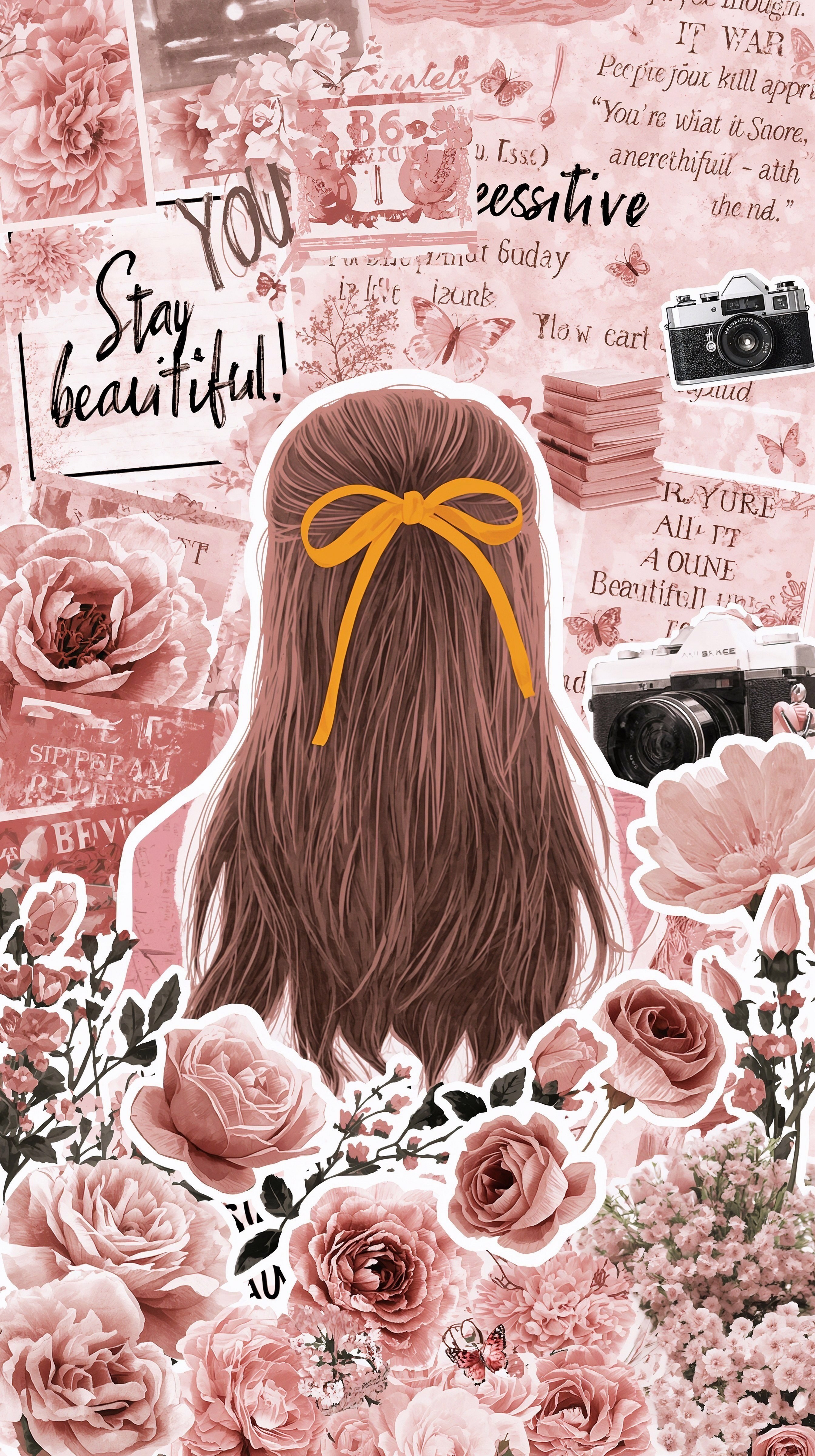 Soft pink roses and vintage camera collage