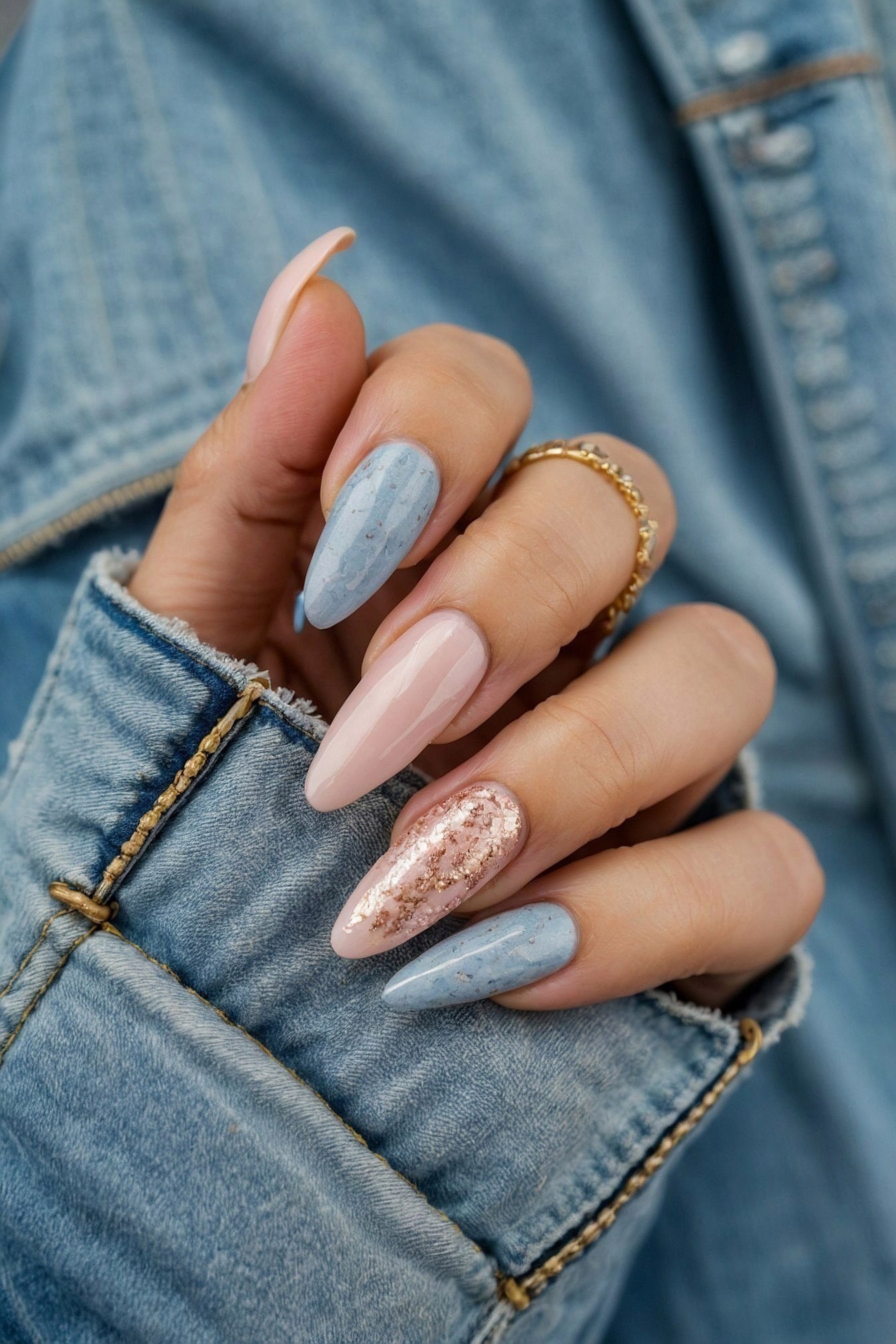 Stitched Denim and Pastel Almond Nails