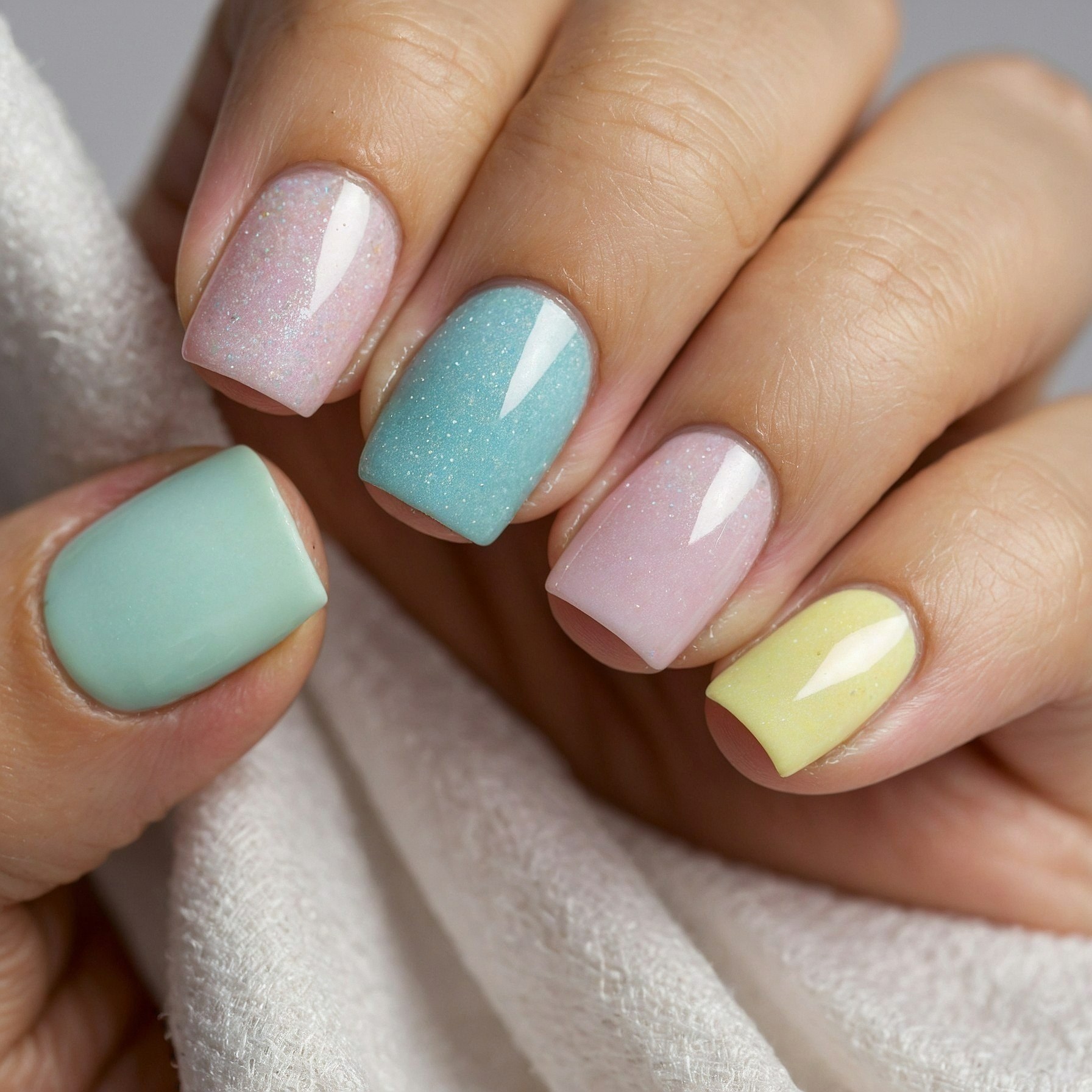 Soft Pastels and Subtle Sparkle on Square Nails