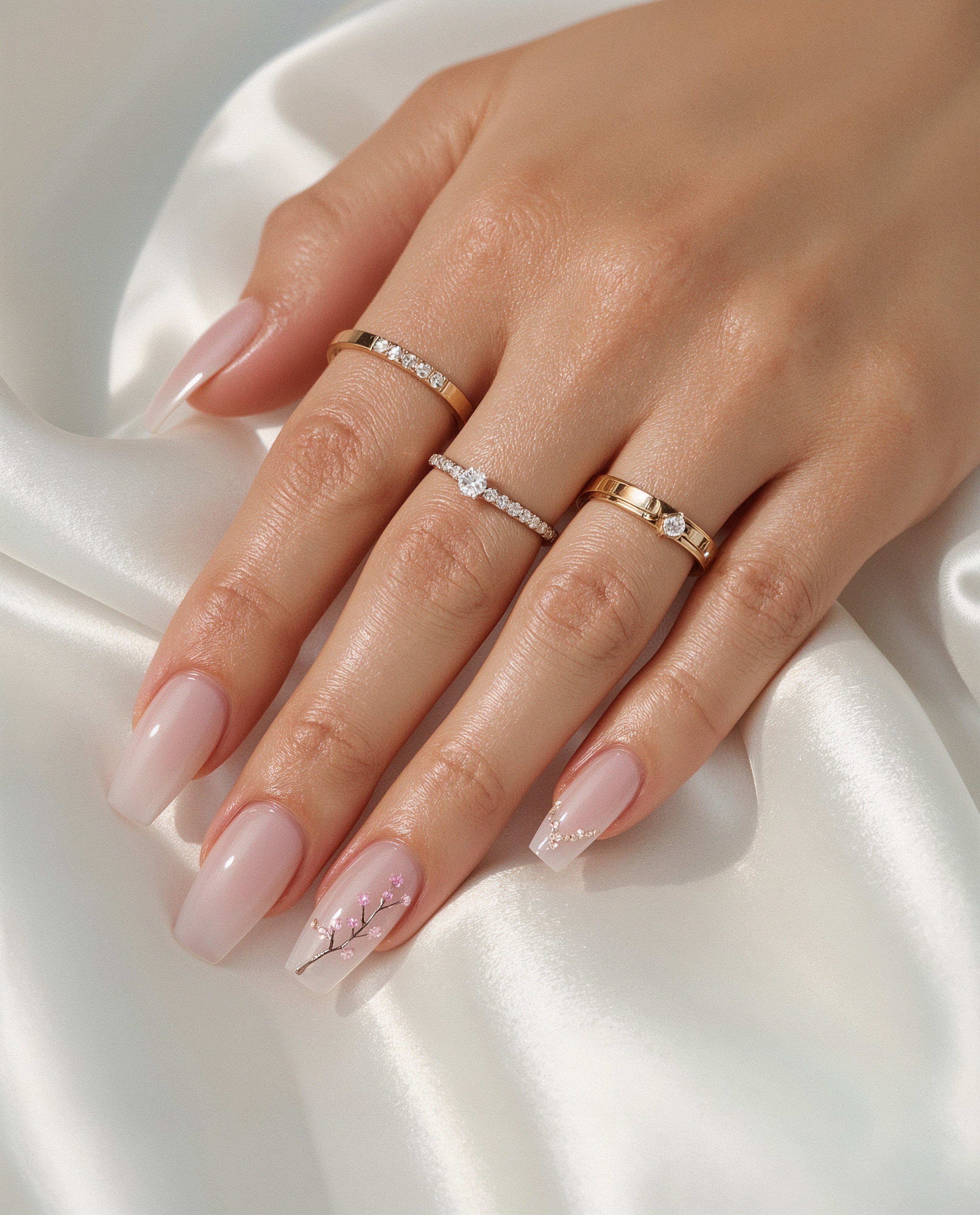 Delicate Blossom Art on Nude Oval Nails