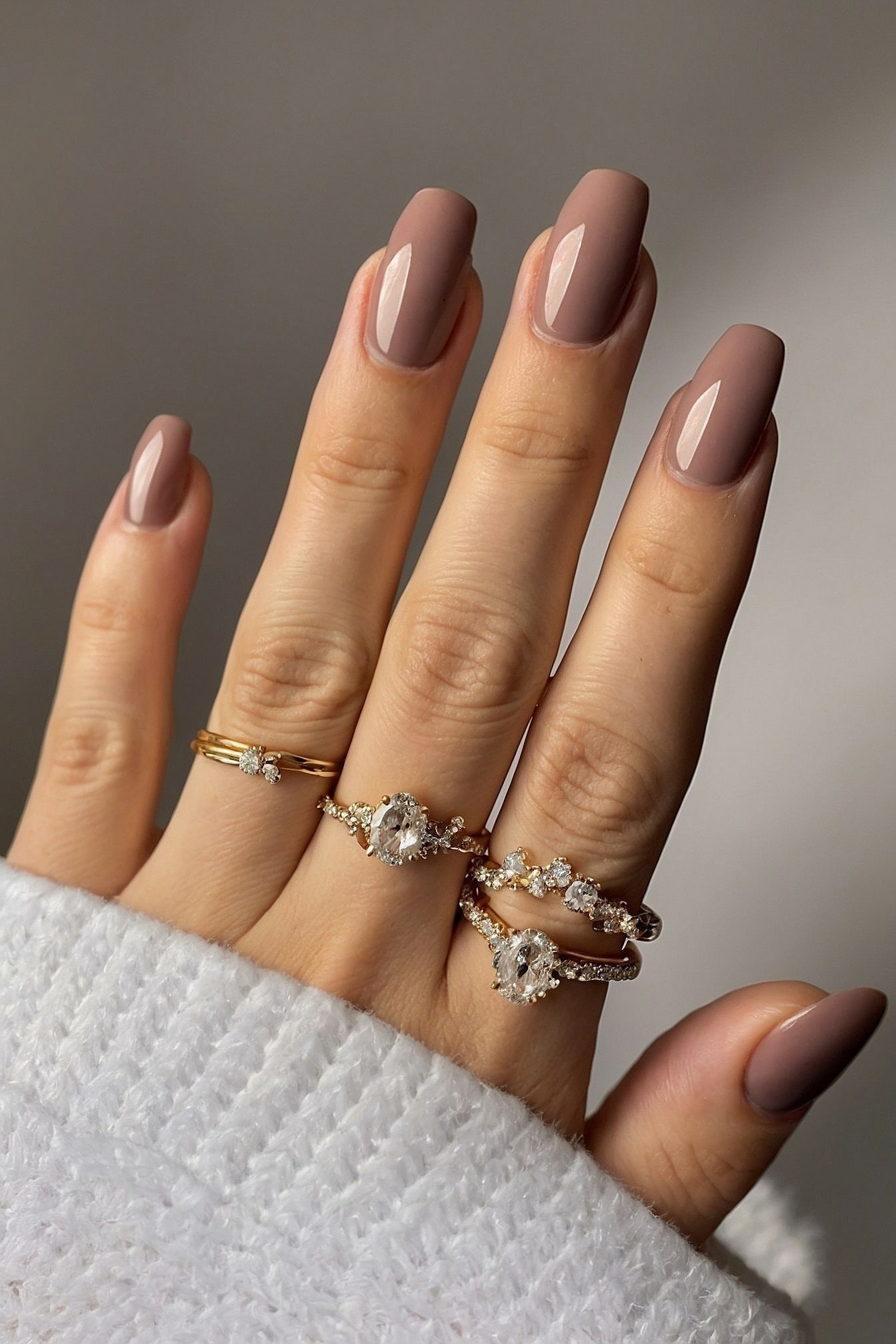 Coffin Nails in Taupe & Delicate Gold Rings