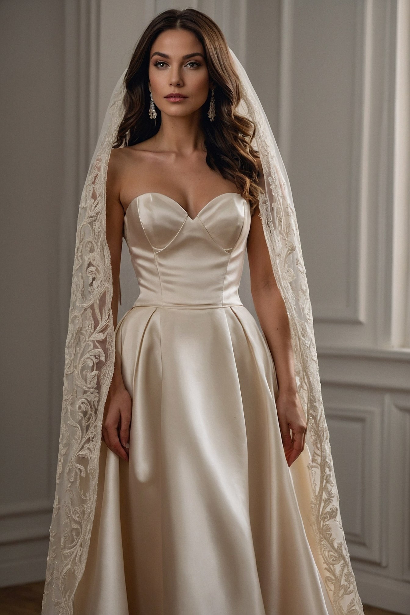 Cream Satin Gown with Intricate Lace Veil