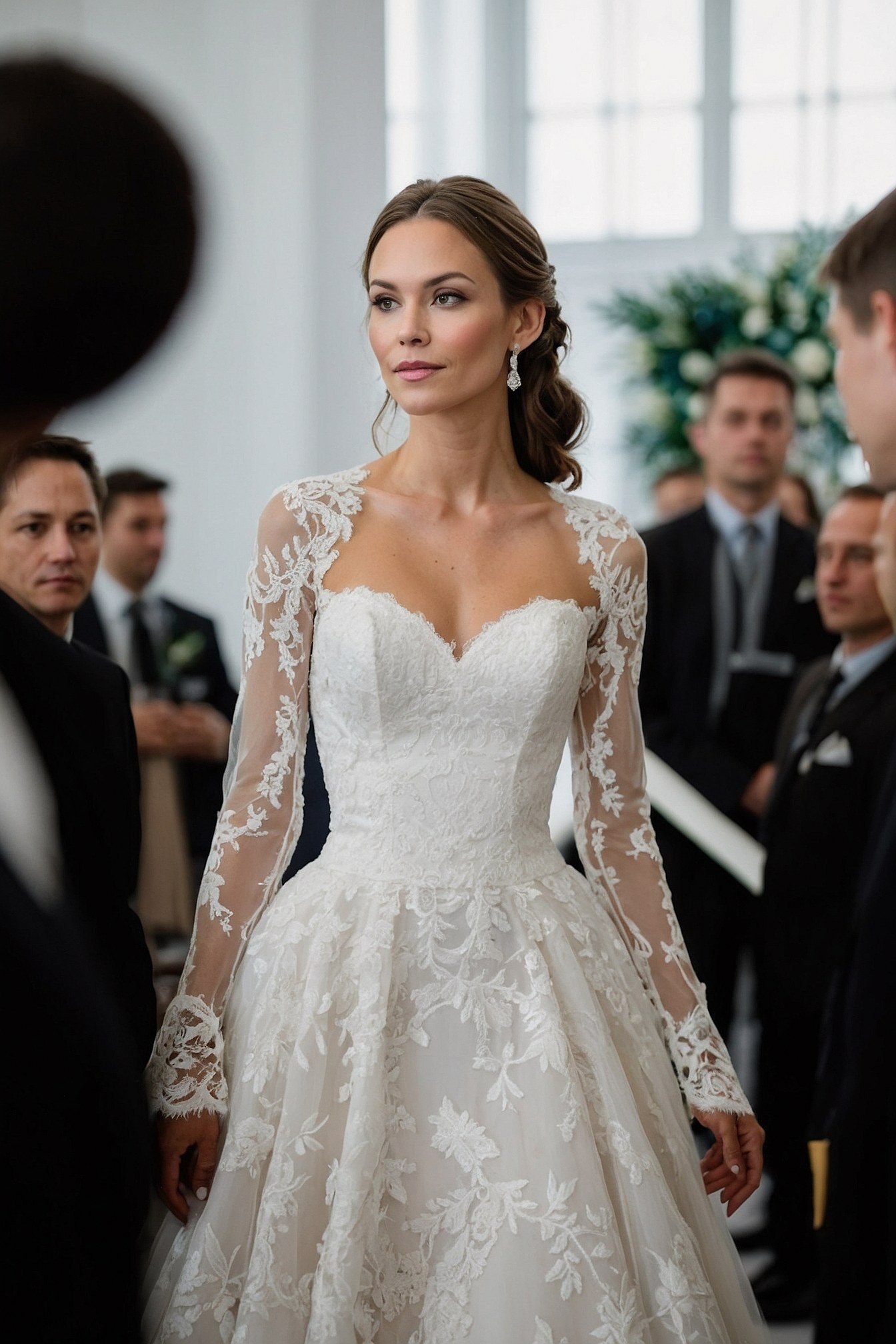 Intricate Lace Sleeves Against a Sweetheart Neckline