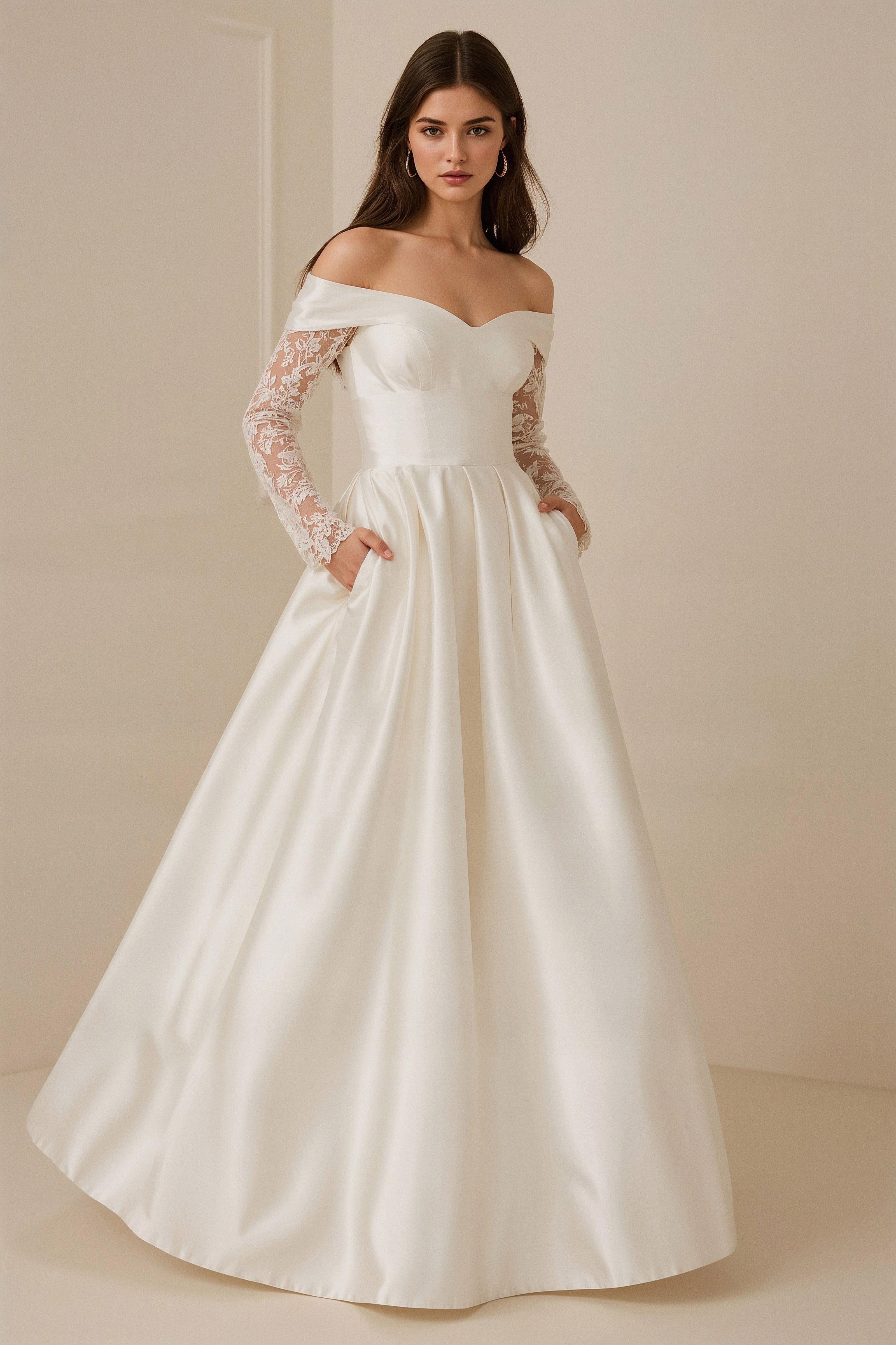 Smooth Satin Skirt With Delicate Lace Sleeves