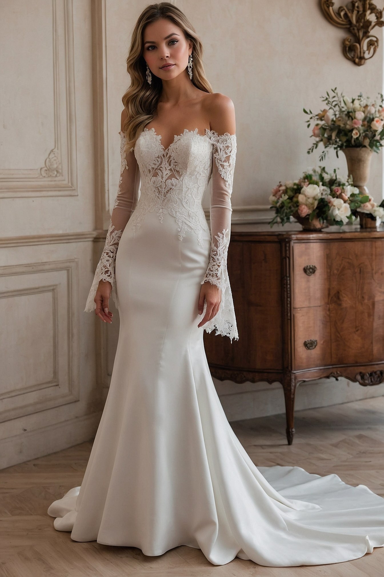 Lace off-shoulder sleeves cascade over smooth silk
