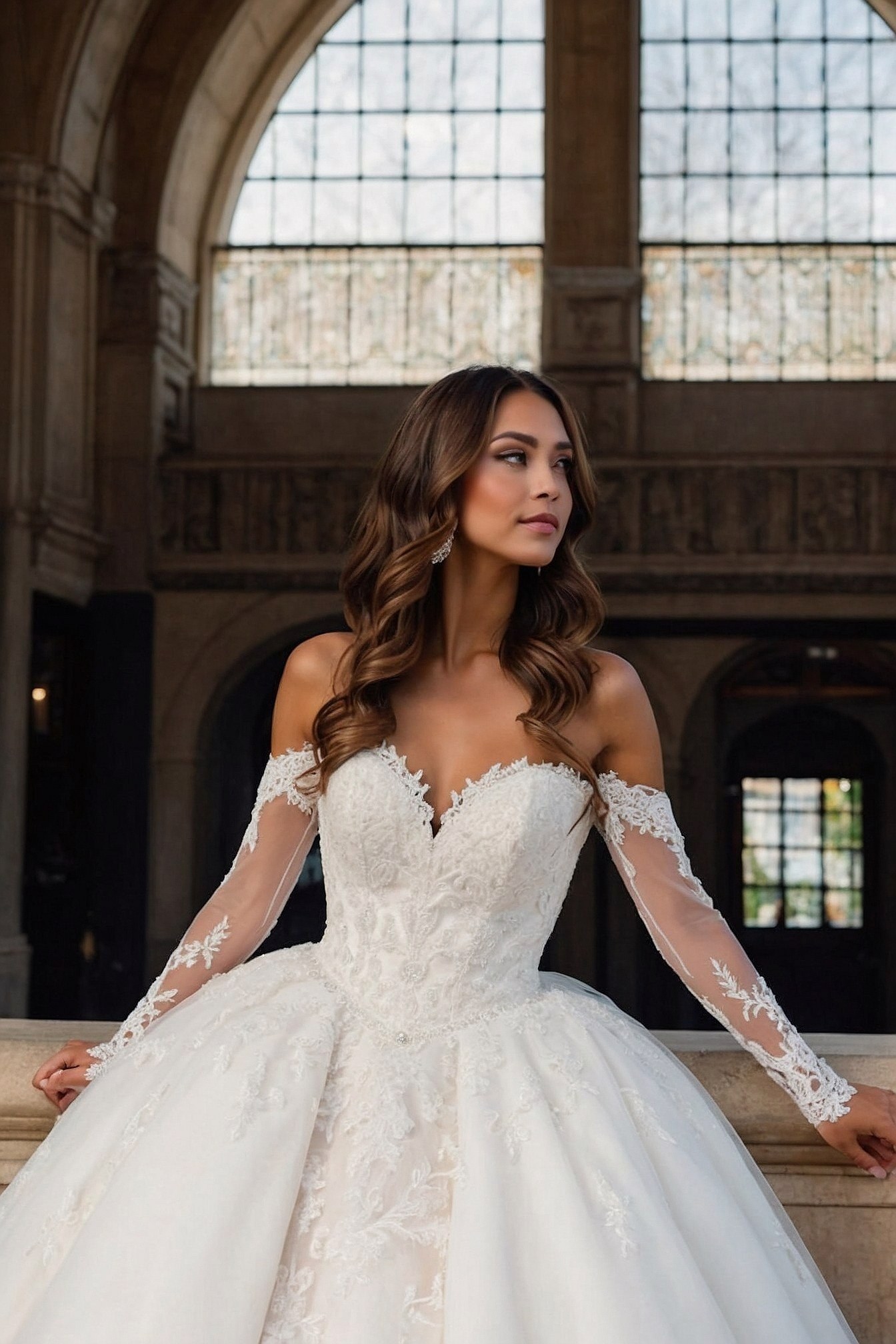 Lace sleeves cascade over a full ballgown skirt