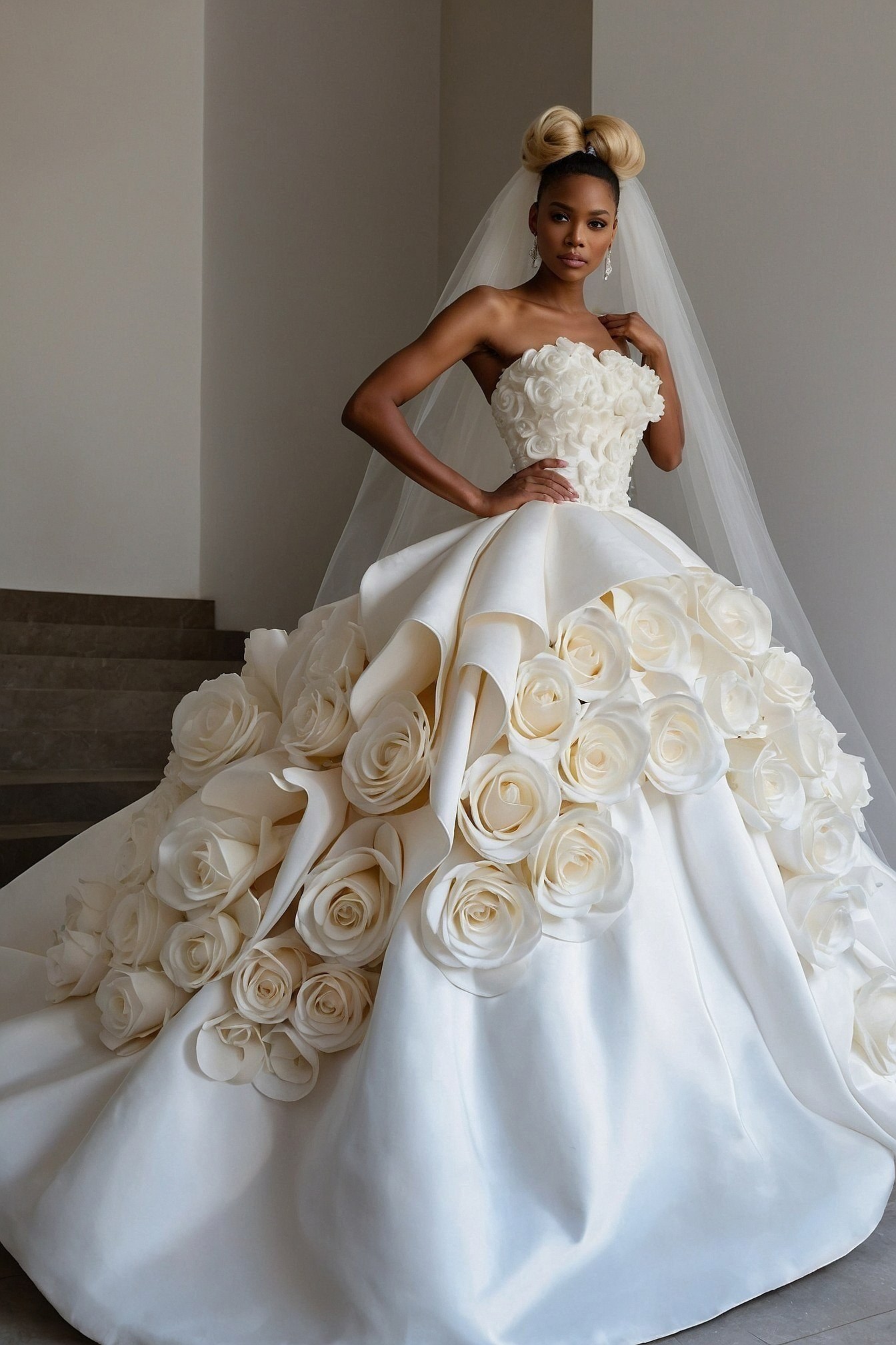 Strapless gown blooming with fabric roses
