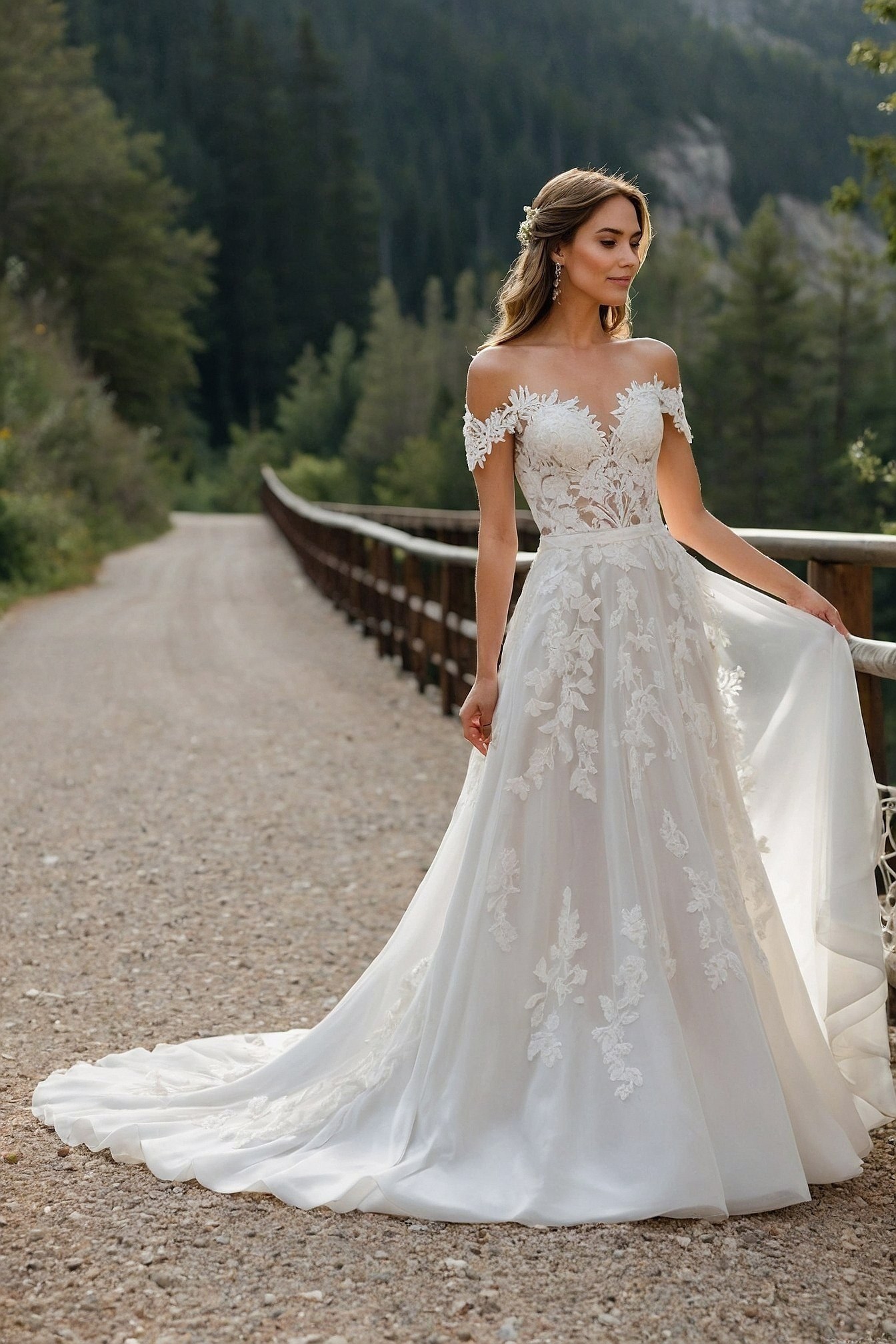 Lace Bloom Off-Shoulder Gown on Gravel Path
