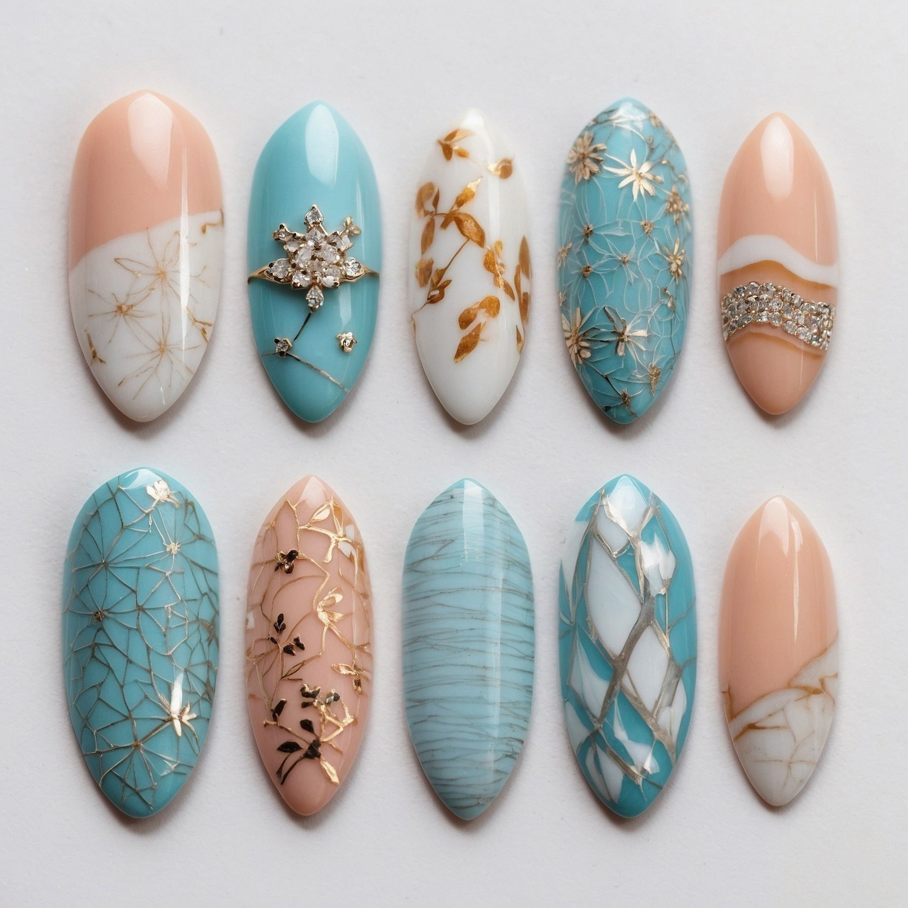 Close-up of 10 Oval Press-On Nails with Intricate Art
