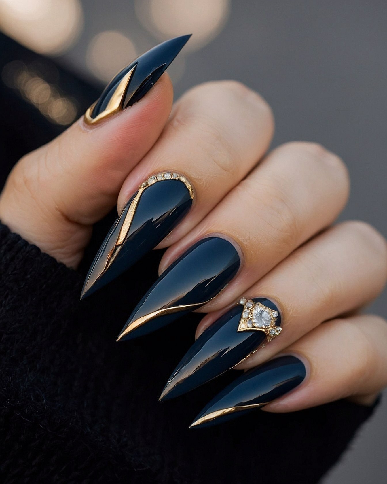 A close-up view of sharp stiletto nails with gold accents
