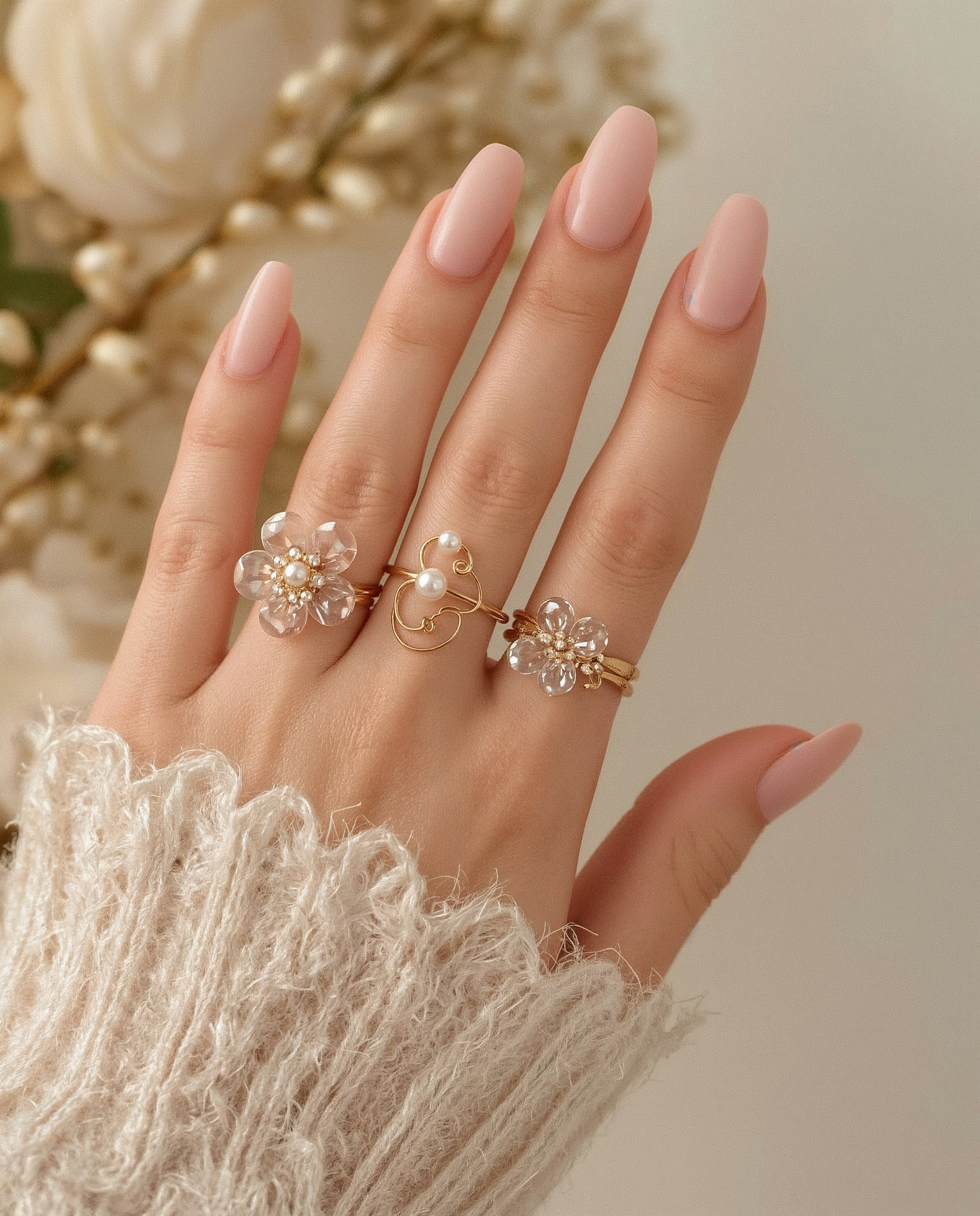 Soft Knits and Delicate Floral Rings