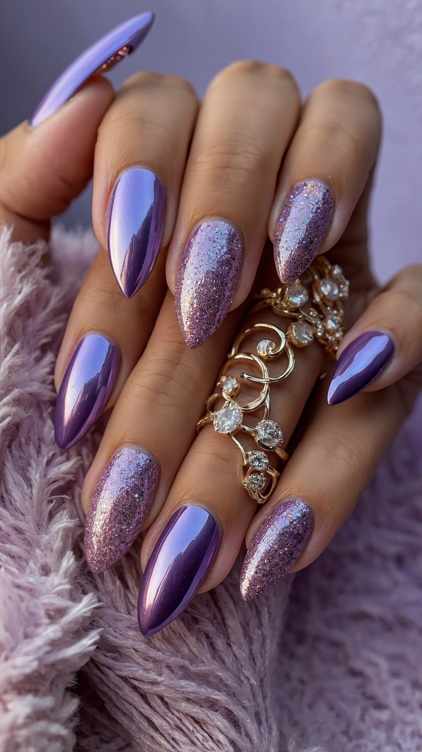 Almond-shaped nails catch the light with iridescent shine