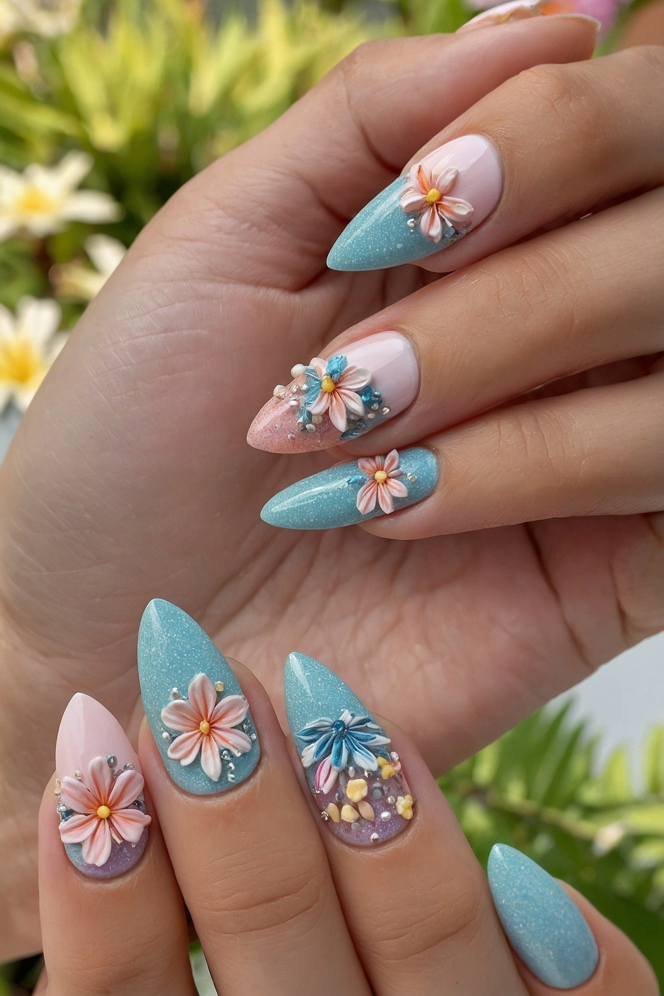 Sculpted floral details atop frosted aqua tips