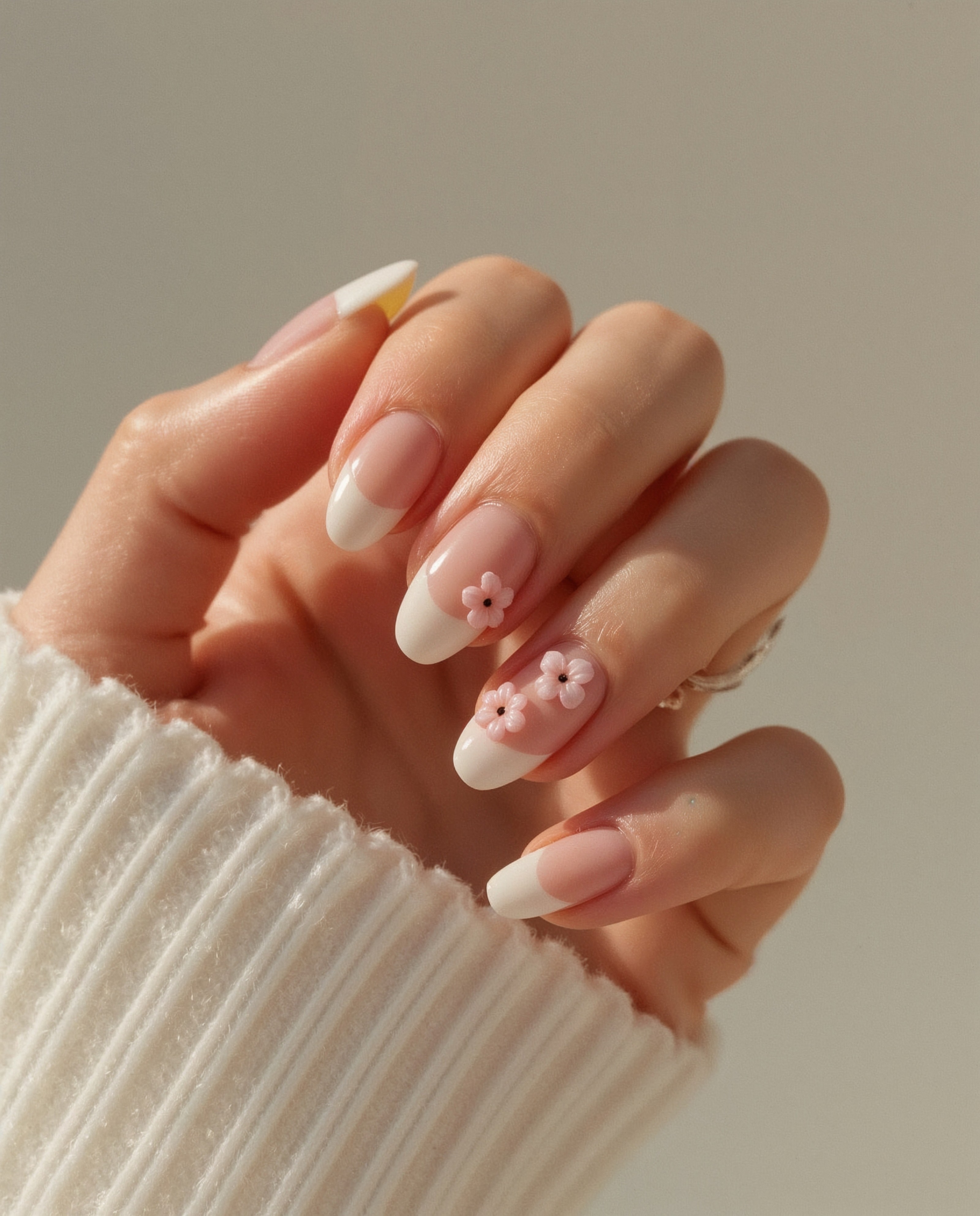 French Tips Adorned with Delicate 3D Pink Blossoms