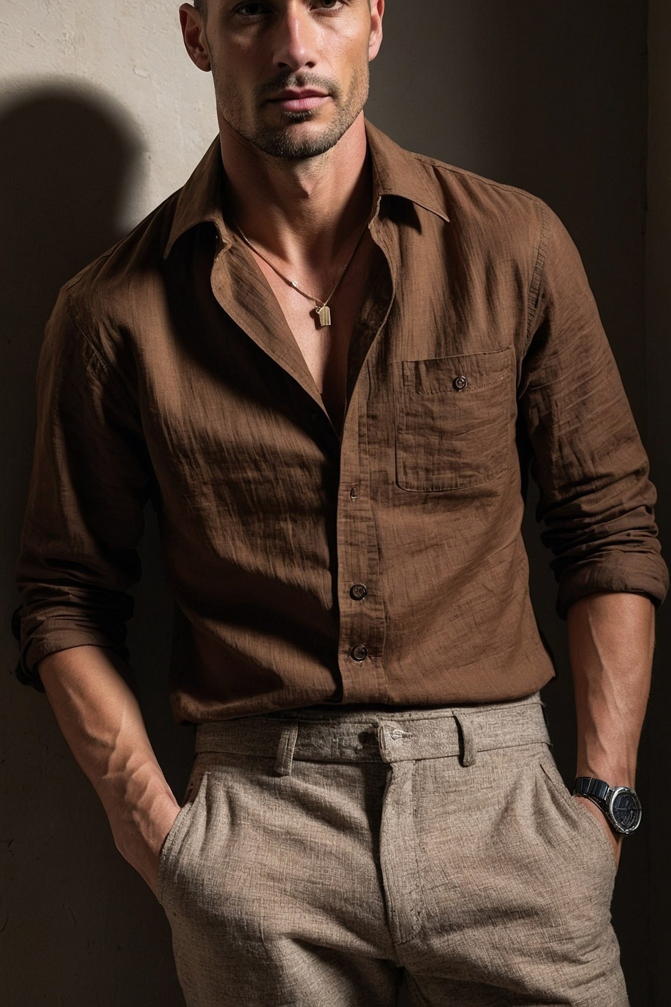 Textured Brown Linen Shirt Paired with Light Trousers