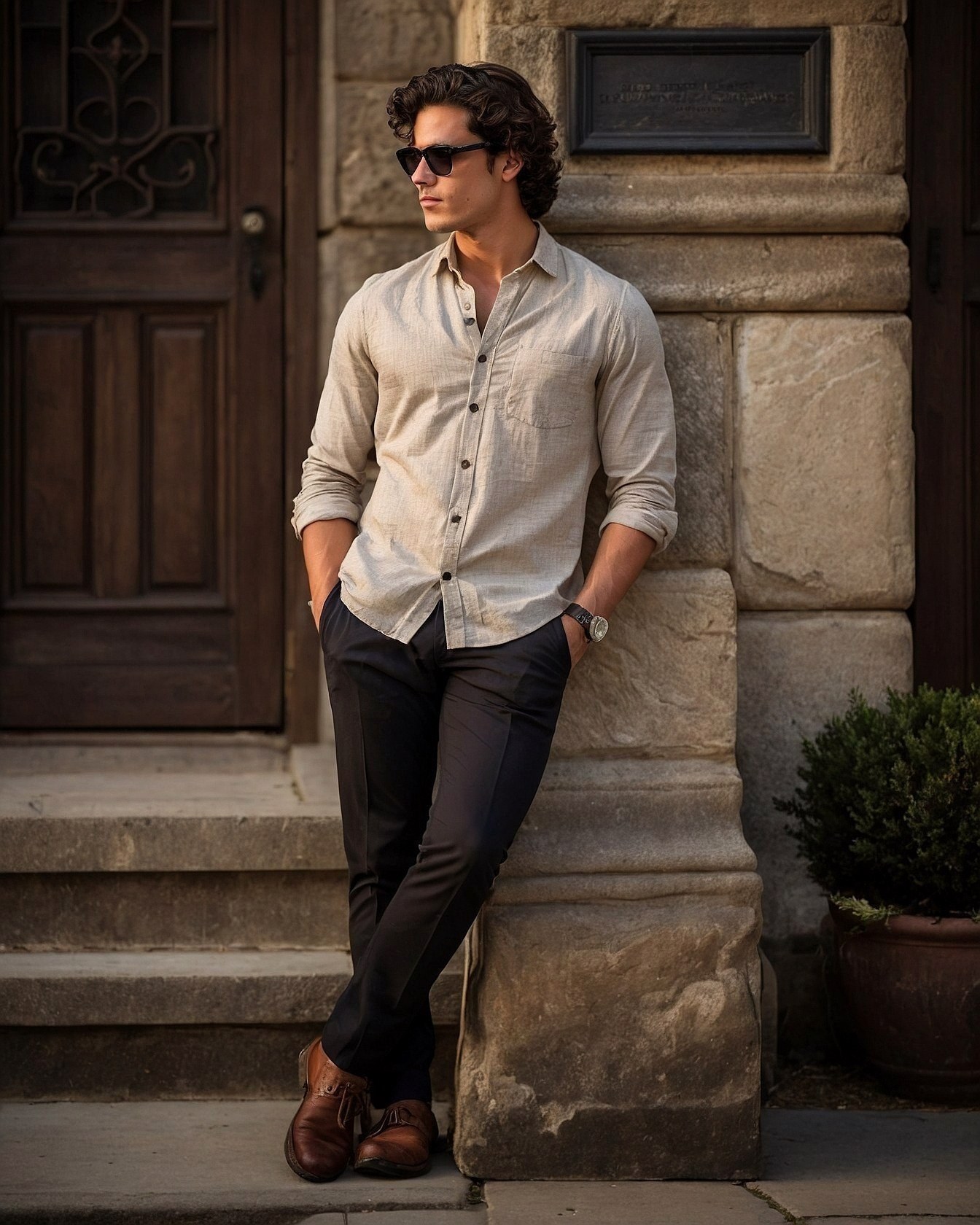 Textural play of a neutral-toned linen shirt
