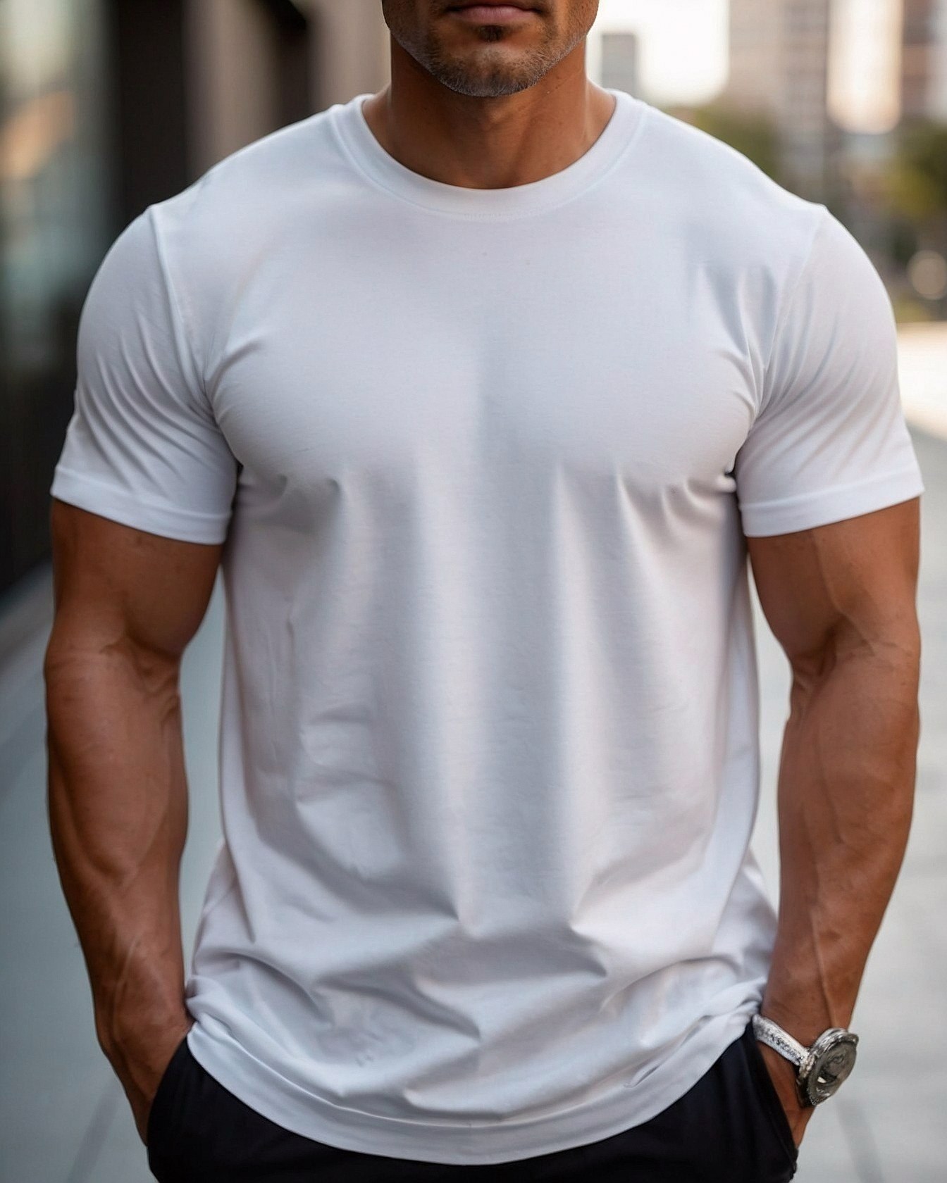 Clean white tee against a soft gray urban backdrop