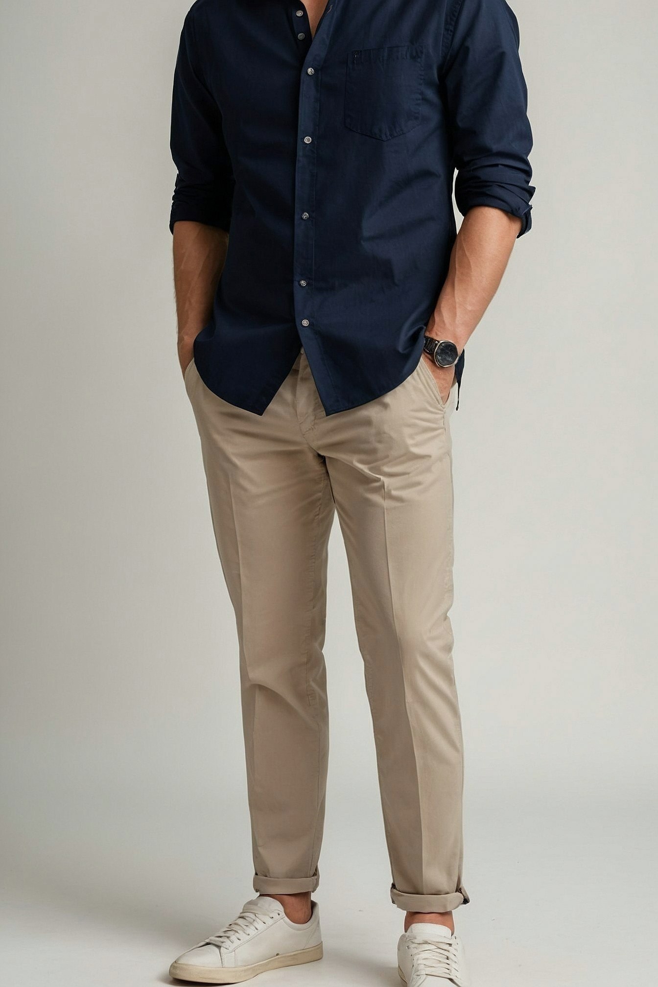 Dark Navy Shirt and Khaki Trousers, Cuffed Hem