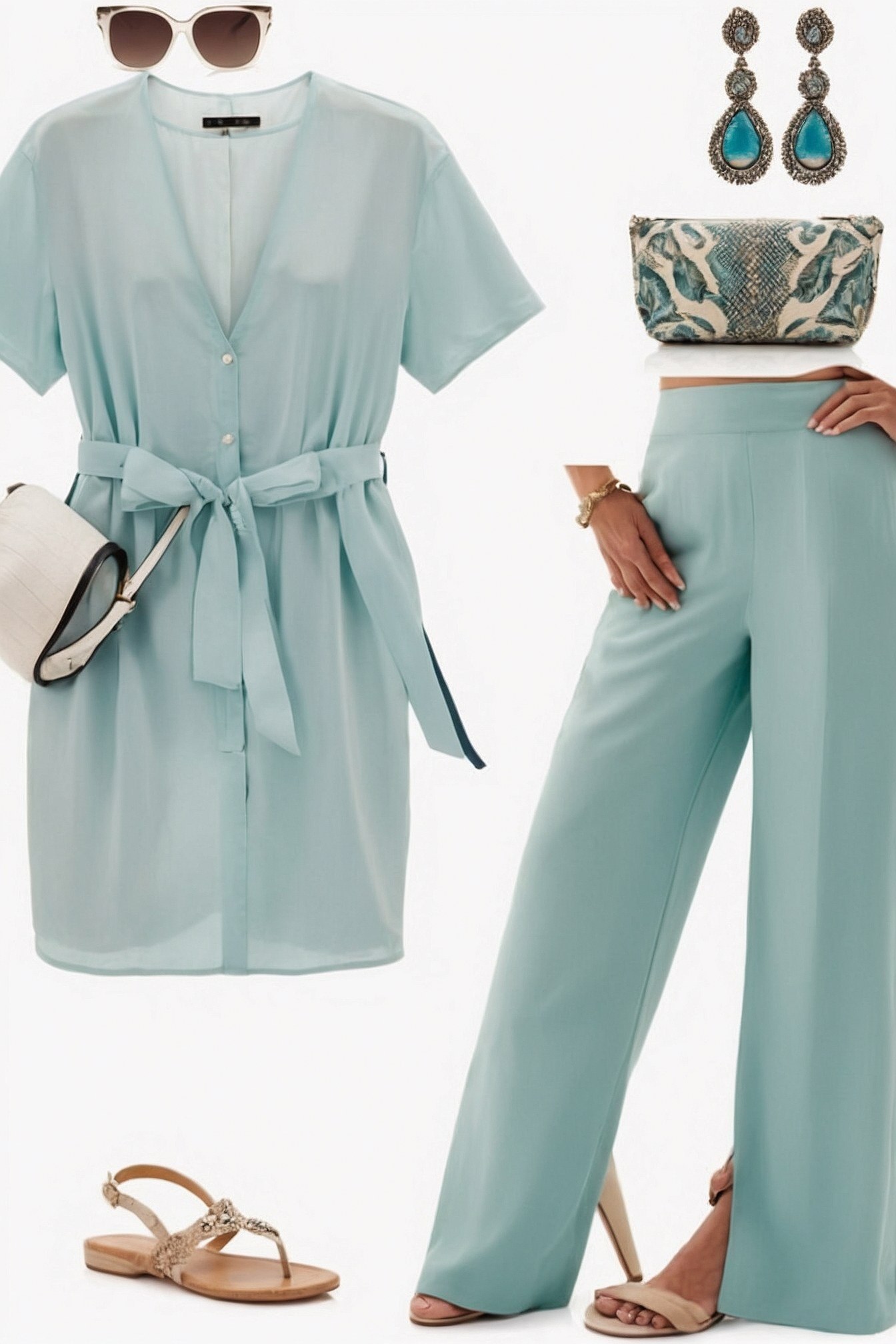 Powder Blue Georgette Shirt Dress & Wide-Leg Trousers