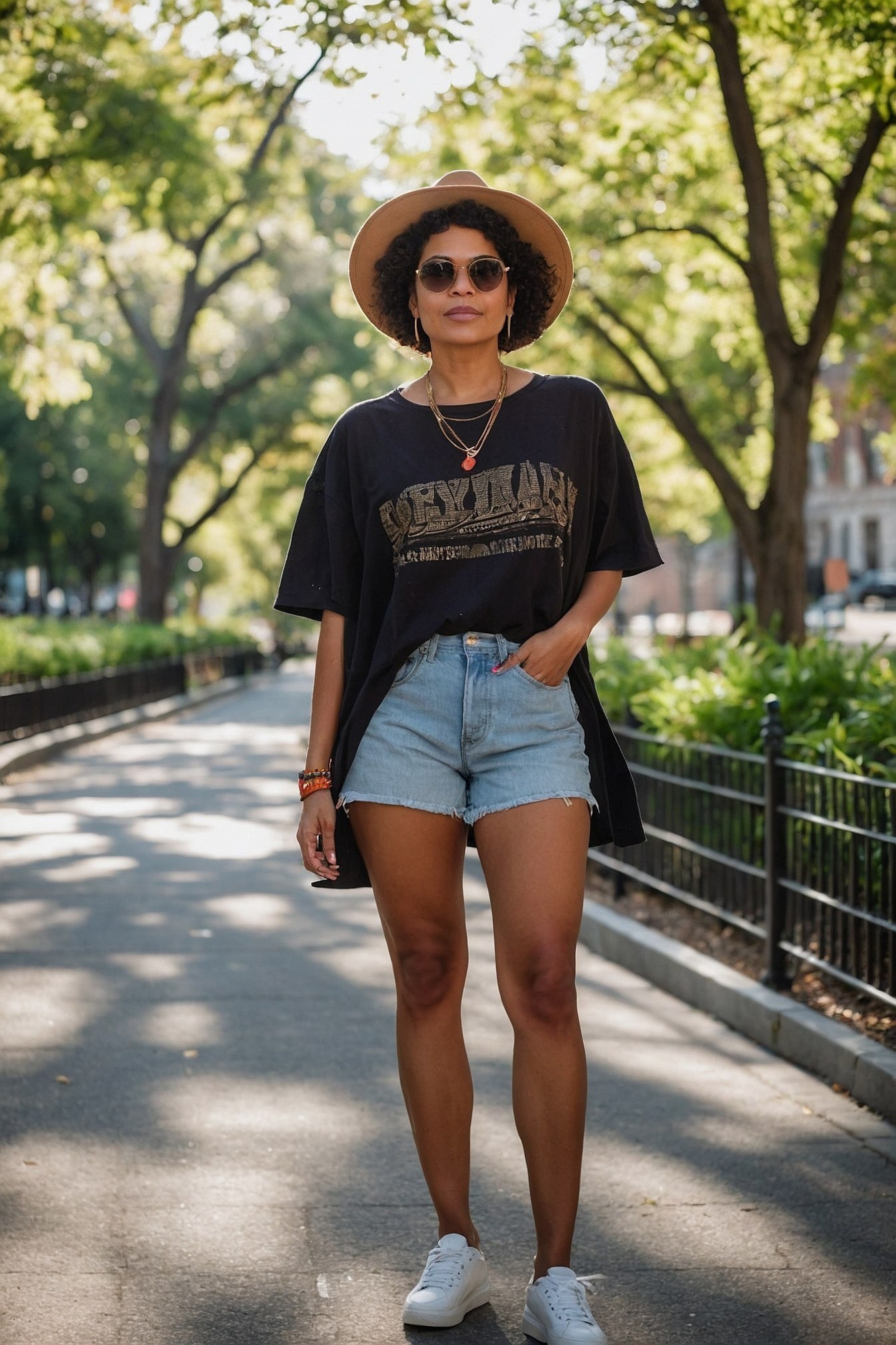 Loose Tee Meets Frayed Denim Shorts in dappled Sunlight