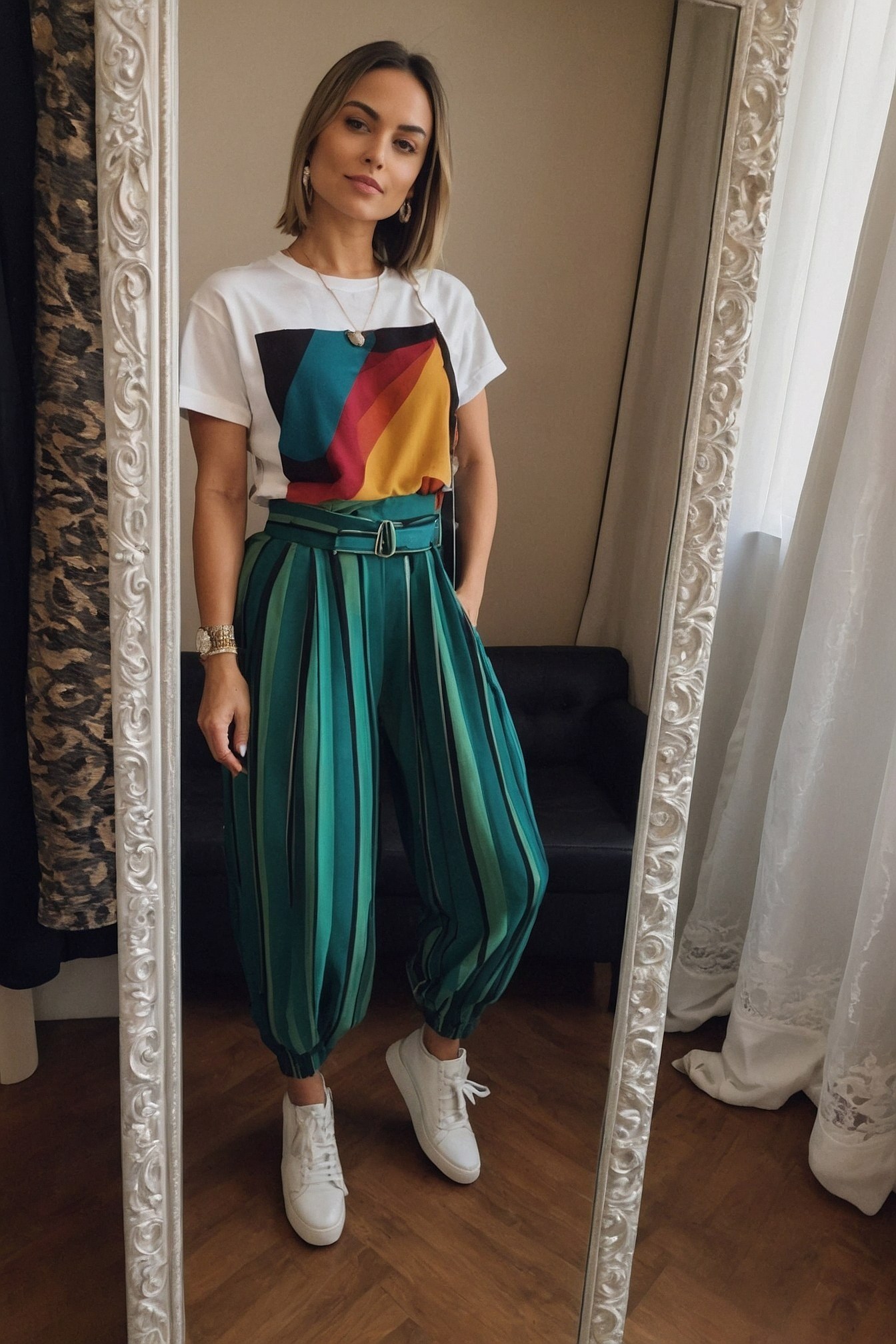 Mirror Reflection of a Woman in Striped Culottes and Graphic Tee