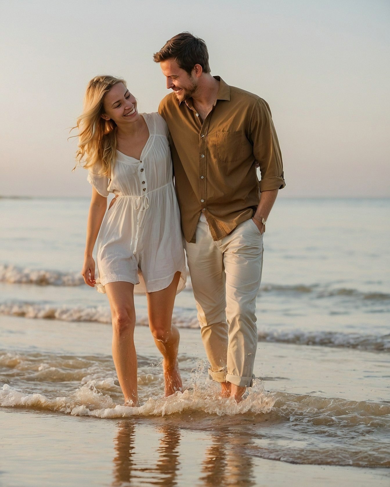 Walking along the shore in soft fabrics