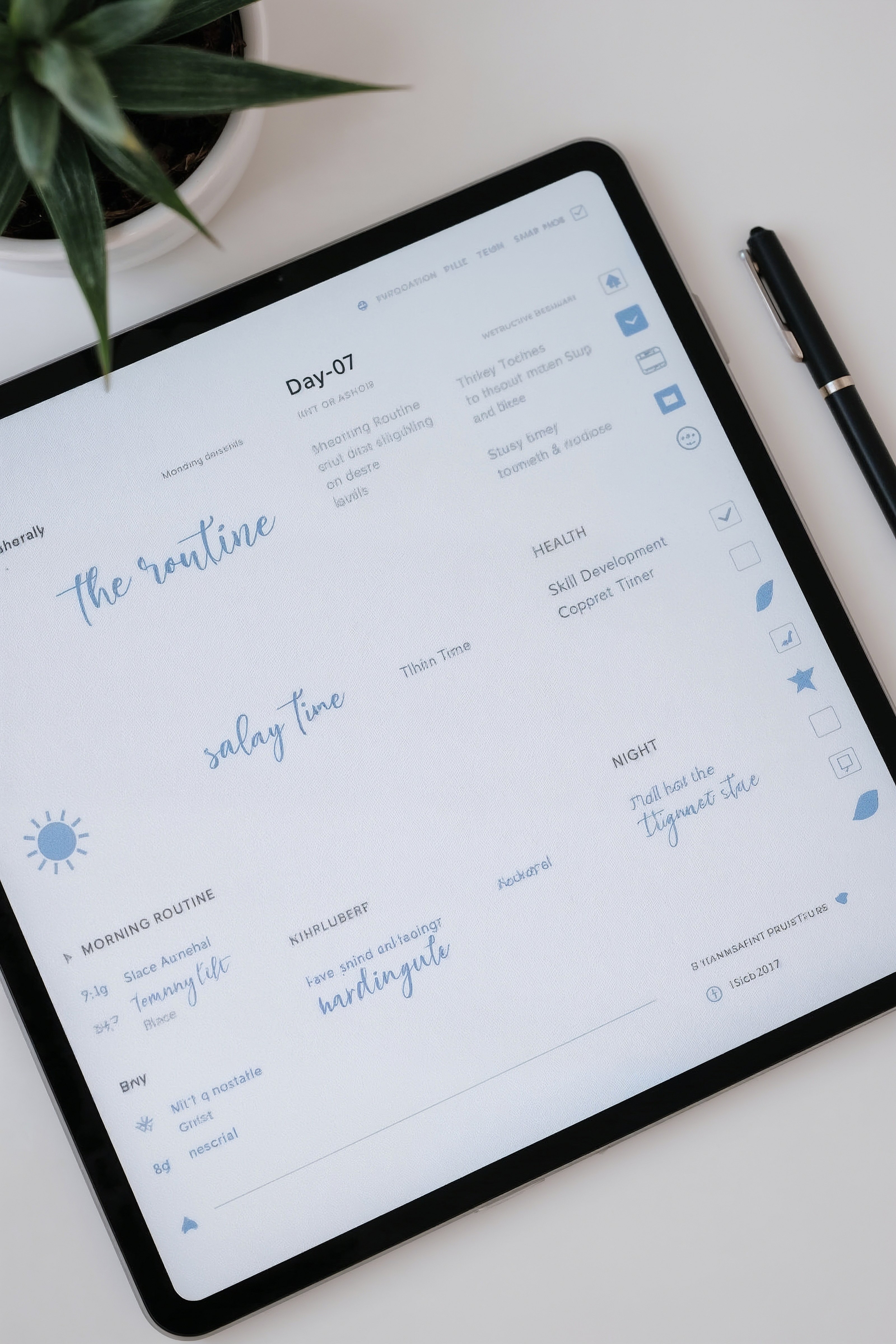 Tablet Screen Layout With Calming Blue Text and Icons