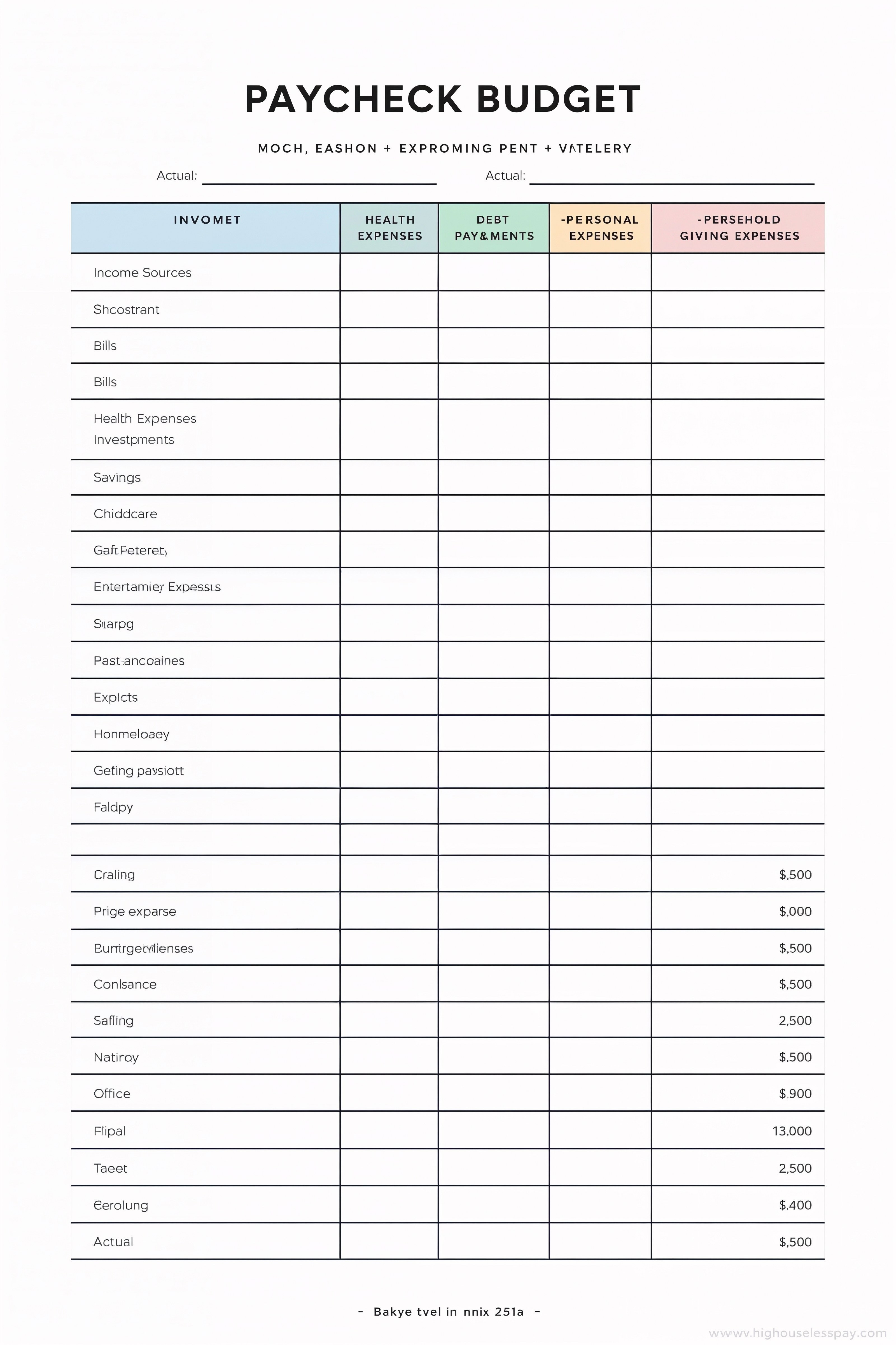 Clean Layout of a Paycheck Budget Worksheet