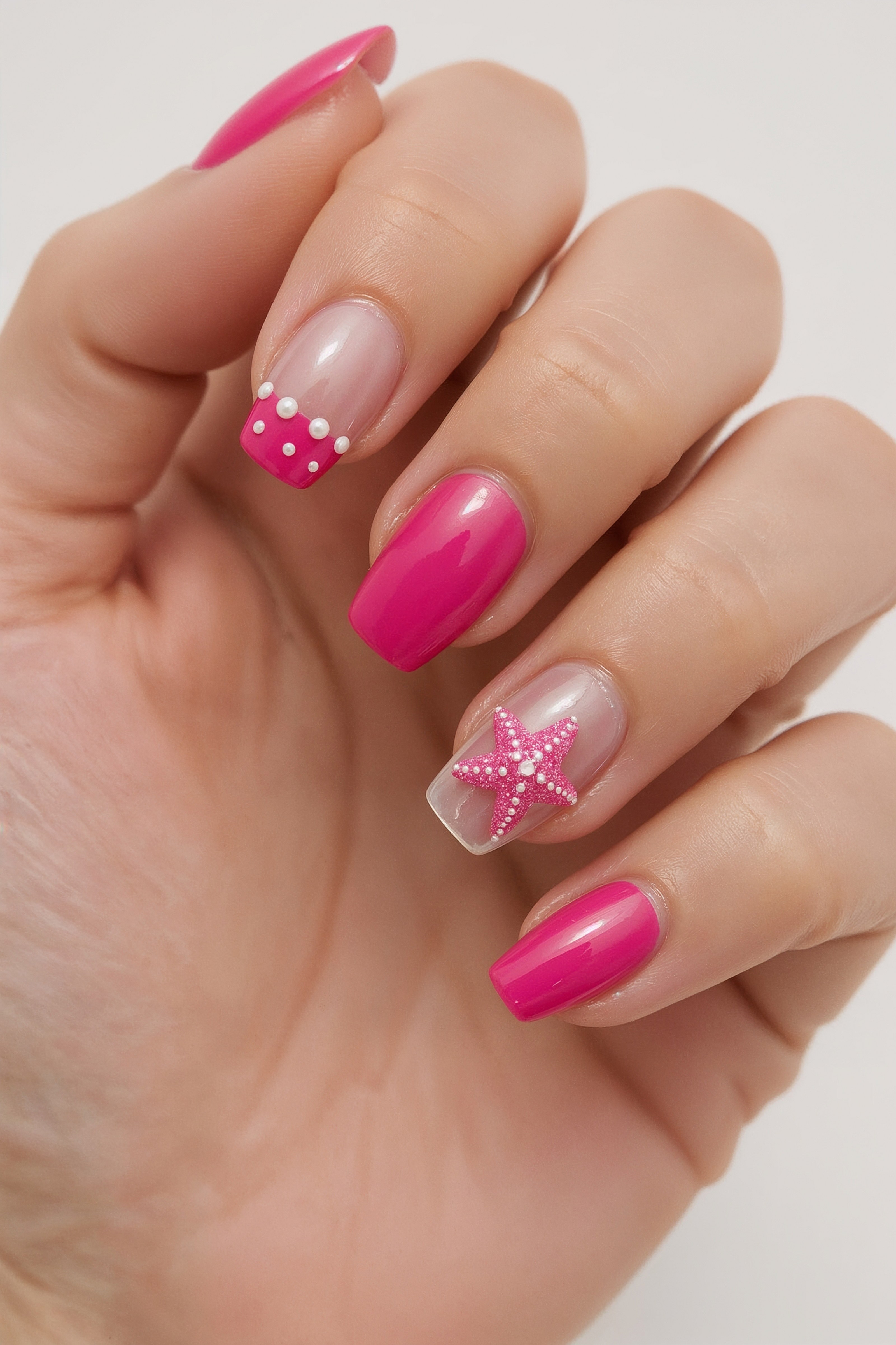Hot Pink Nails with Starfish and Pearls