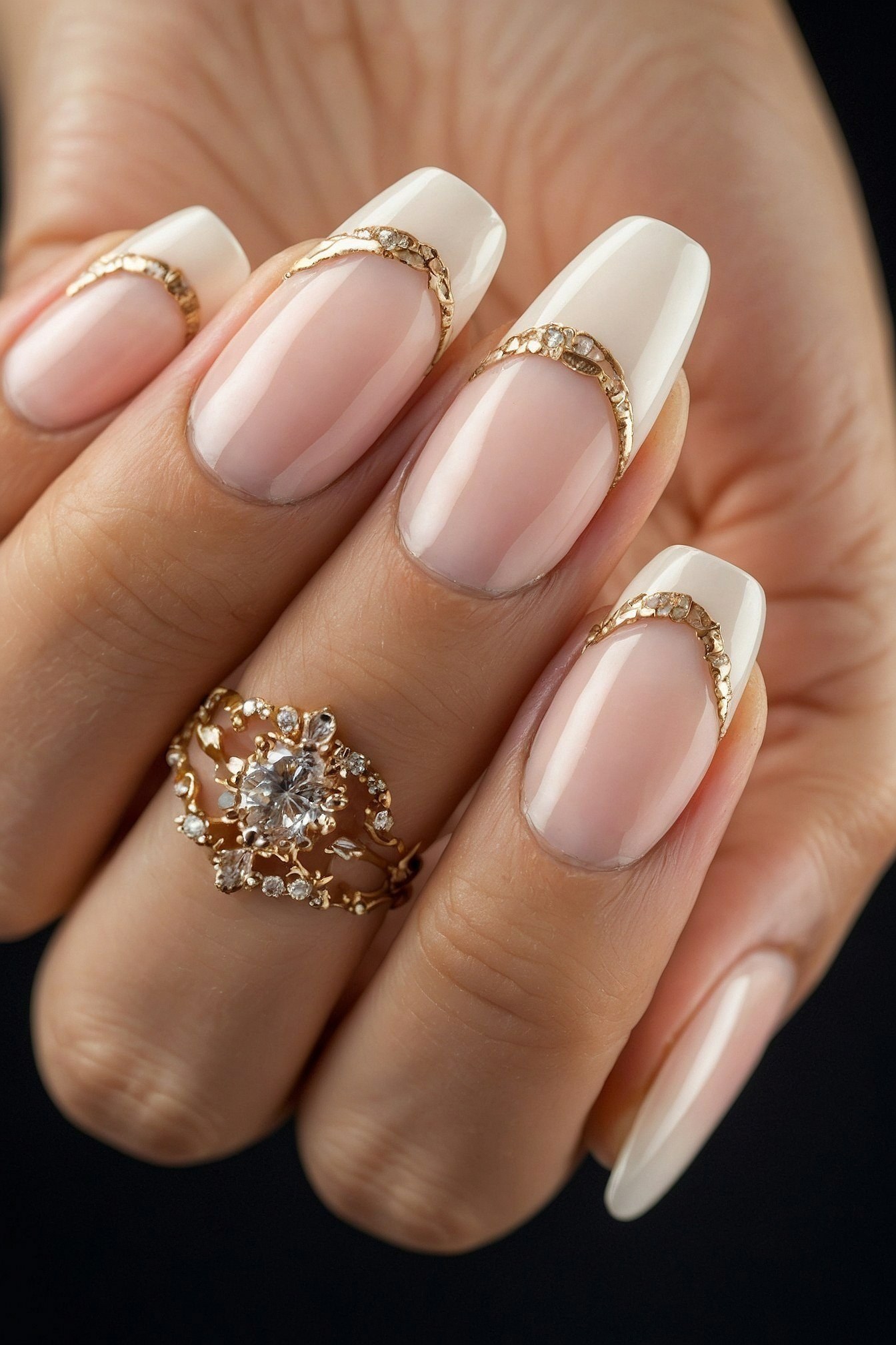 A delicate gold chain adorns fresh white French tips