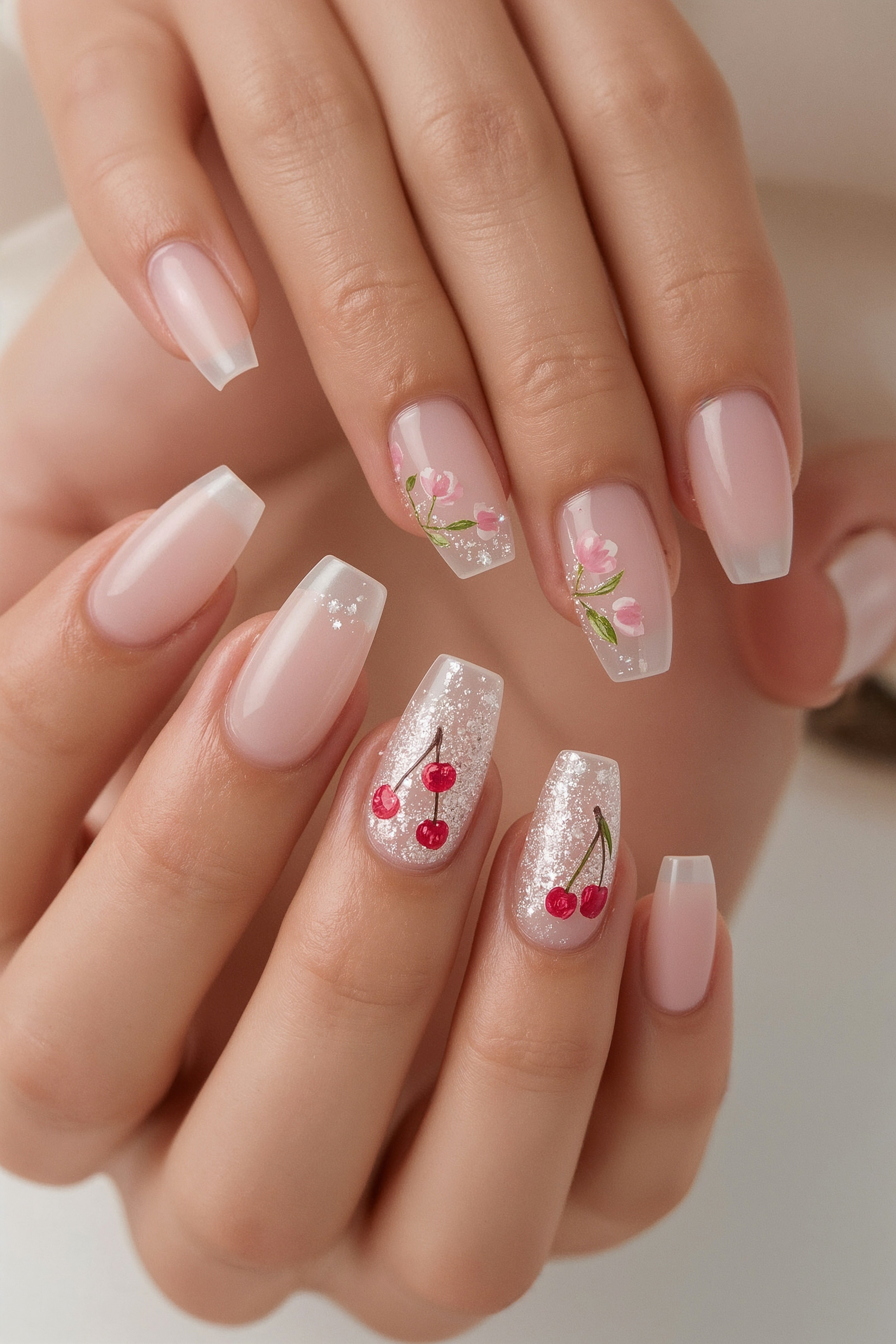 Soft translucent nails with glossy cherry accents