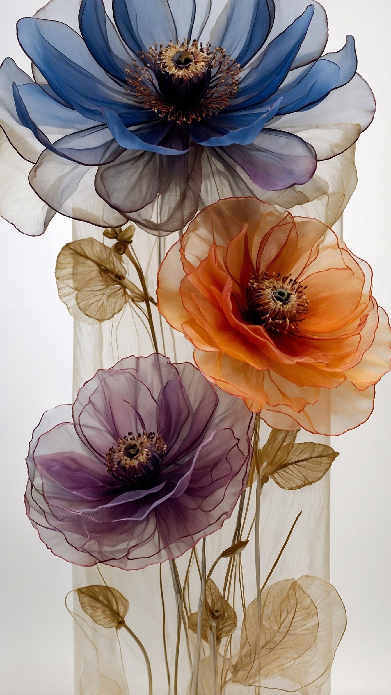 Translucent fabric petals in vibrant blue and amber gradients