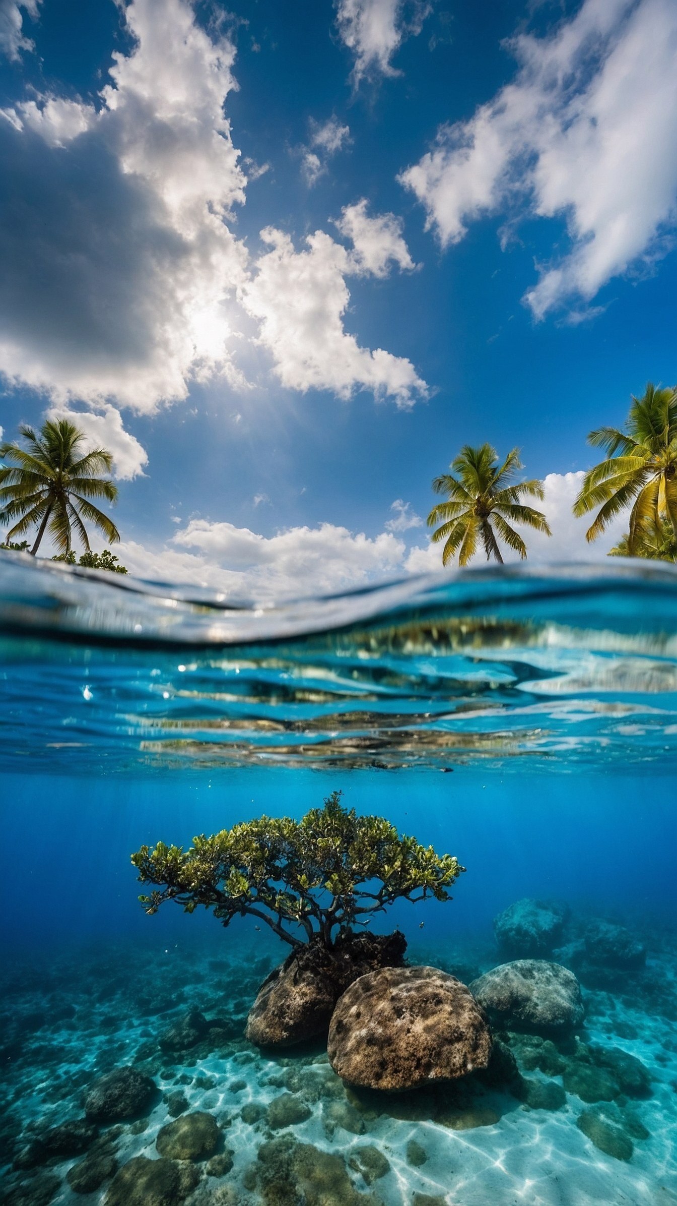 A Split-Level Ocean View Framing Sunlit Clouds and Submerged Trees