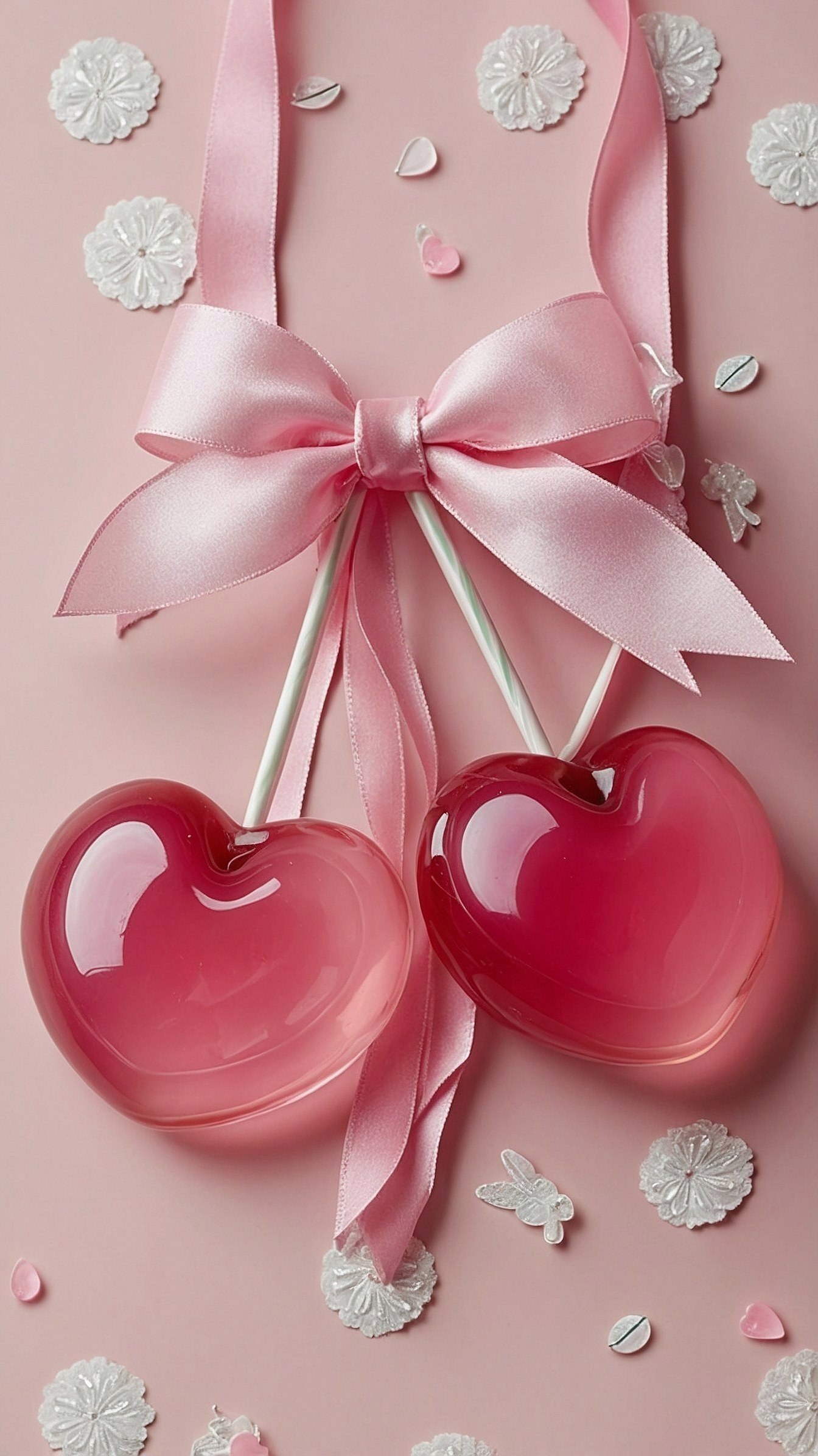 Glossy Heart Cherries Tied With Satin Ribbon On Soft Pink