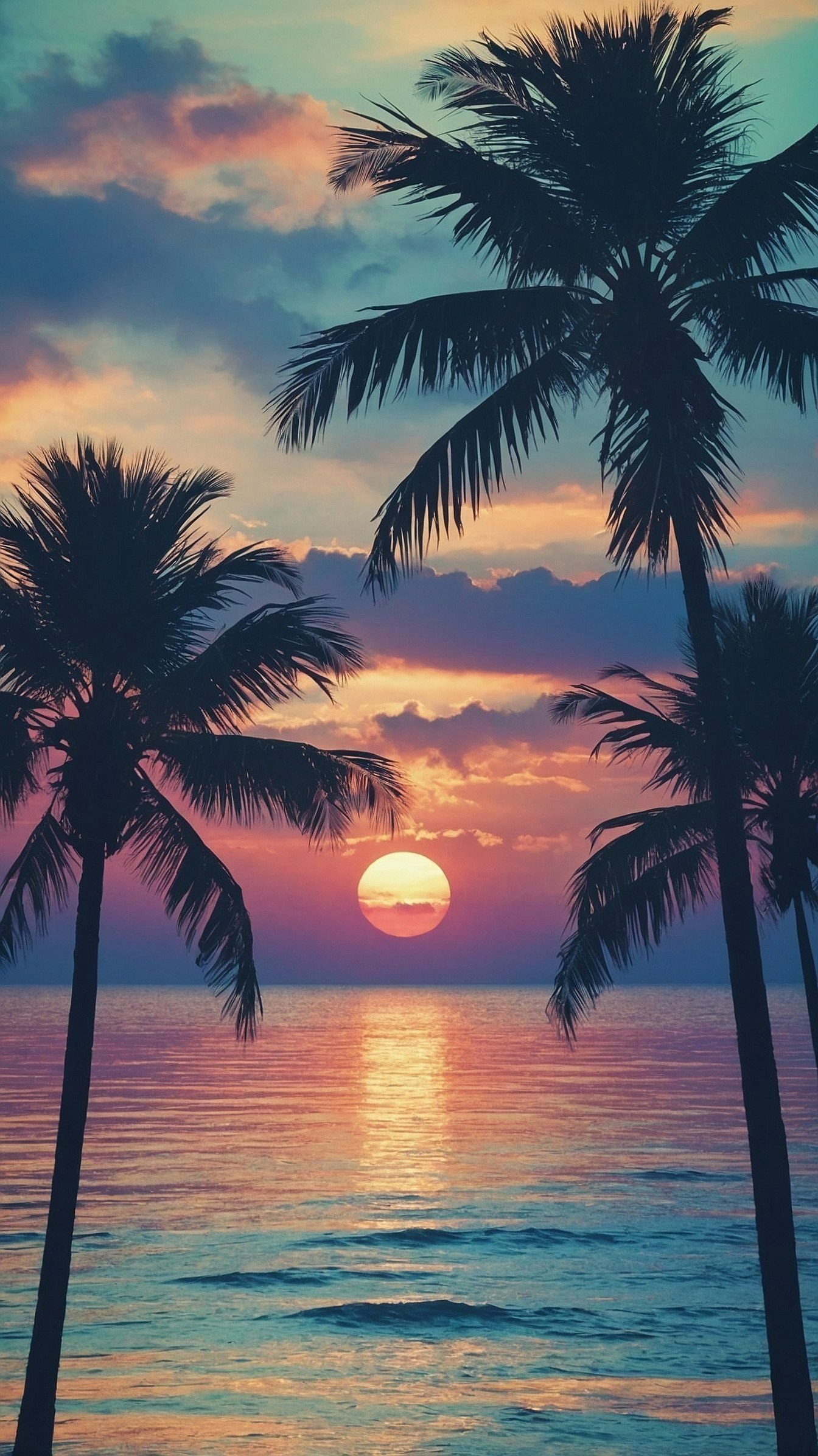 Silhouettes of tropical palm trees against a pastel sunset horizon