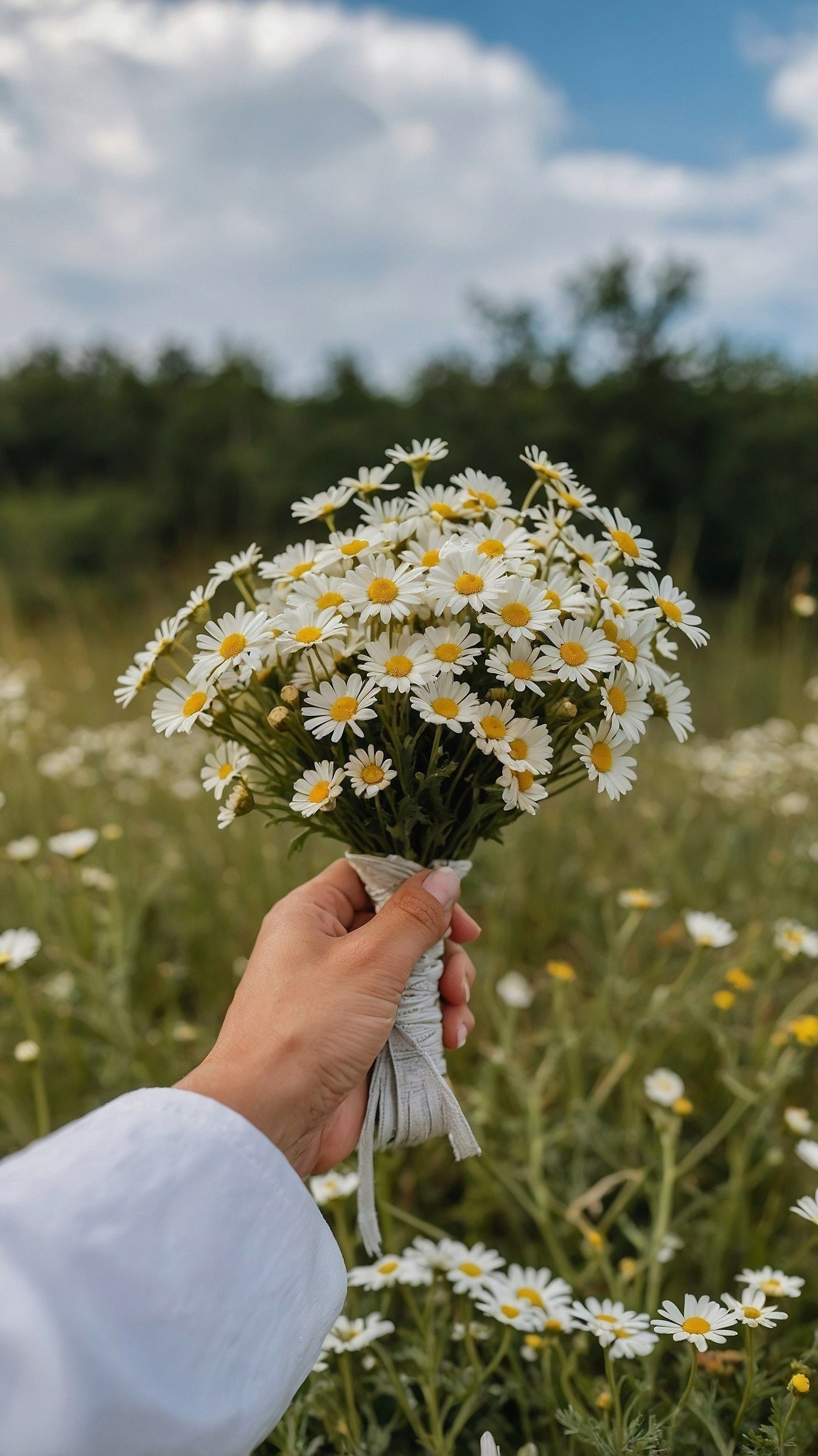Fresh Daisy Bouquet Held Against a Lush Open Meadow