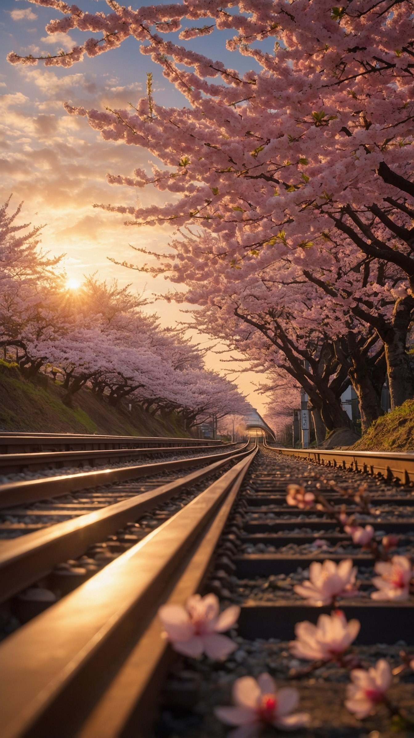 Sunlit railway tracks framed by blooming cherry trees at dusk