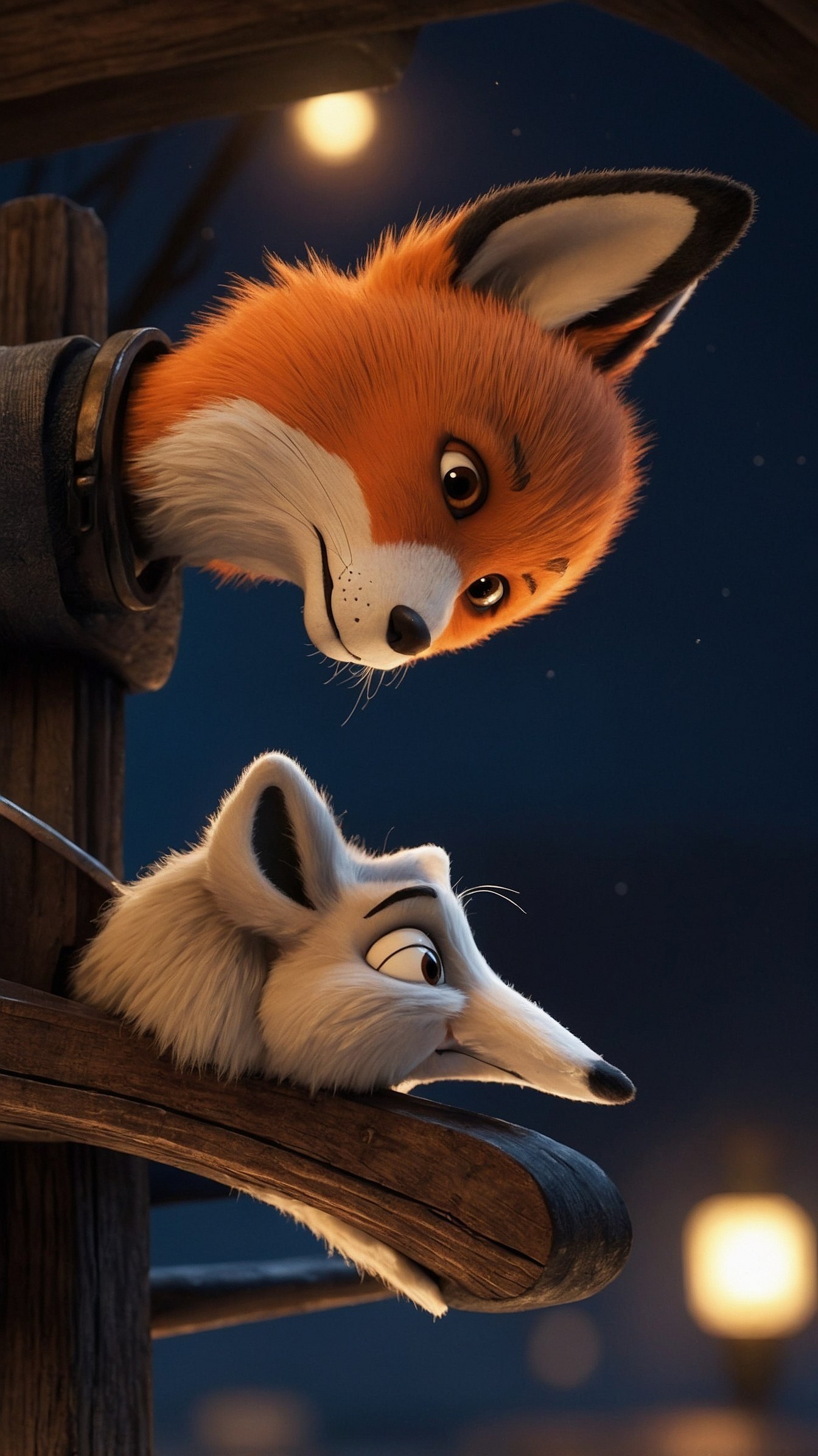 Fiery orange fox fur contrasting against deep twilight shadows