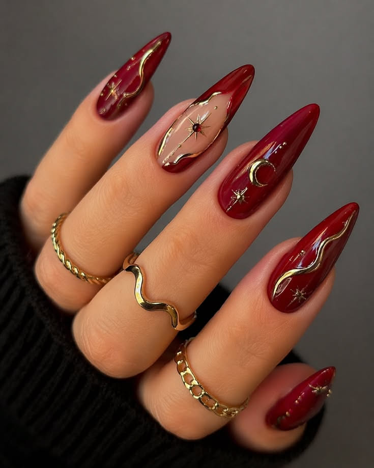 Stunning Almond Acrylic Nails with Celestial Gold Details