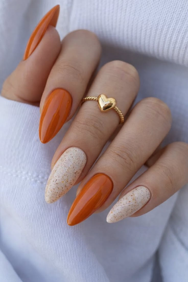 Warm Orange and Speckled Almond Nails