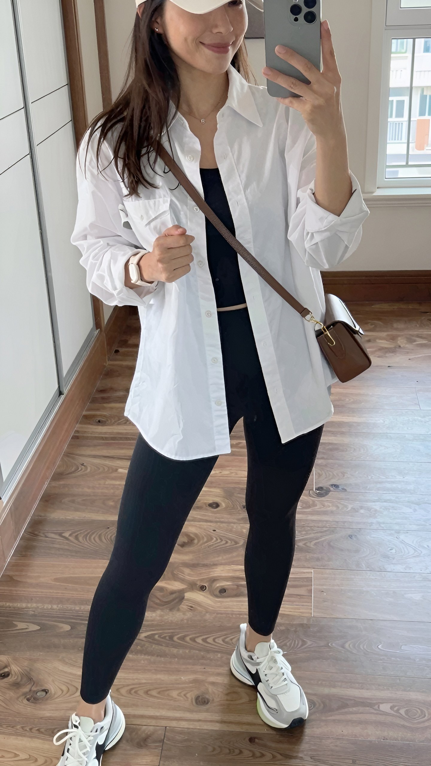 Pairing Active Leggings With a Crisp Button-Down Shirt